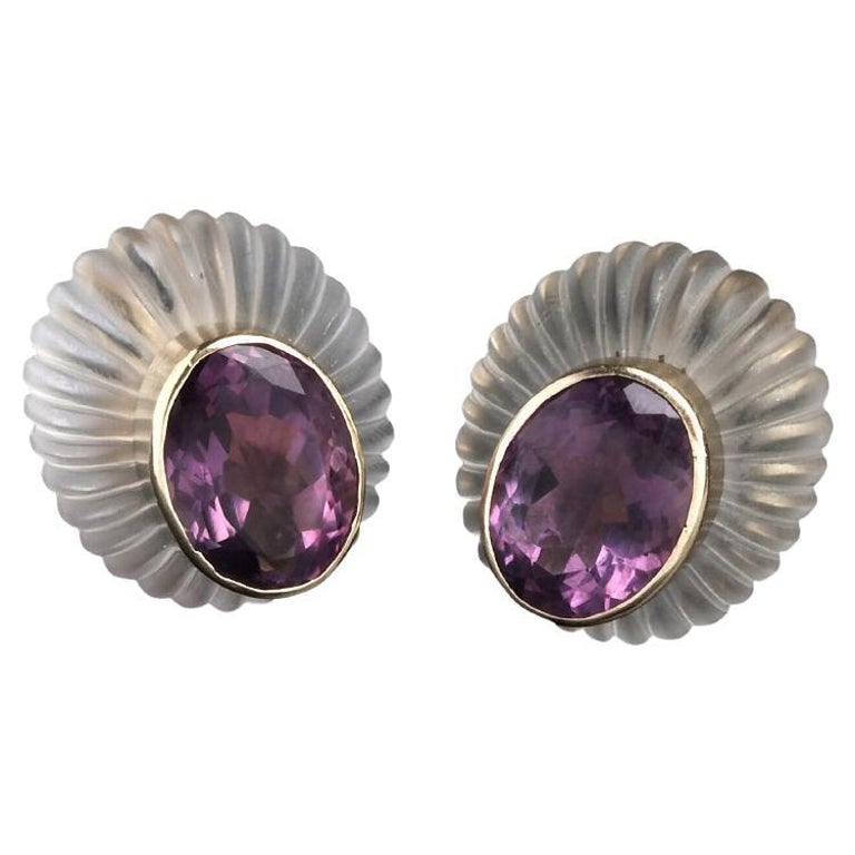 Vintage 14 Kt Gold, Rock Crystal and Amethyst Earrings For Sale at 1stDibs