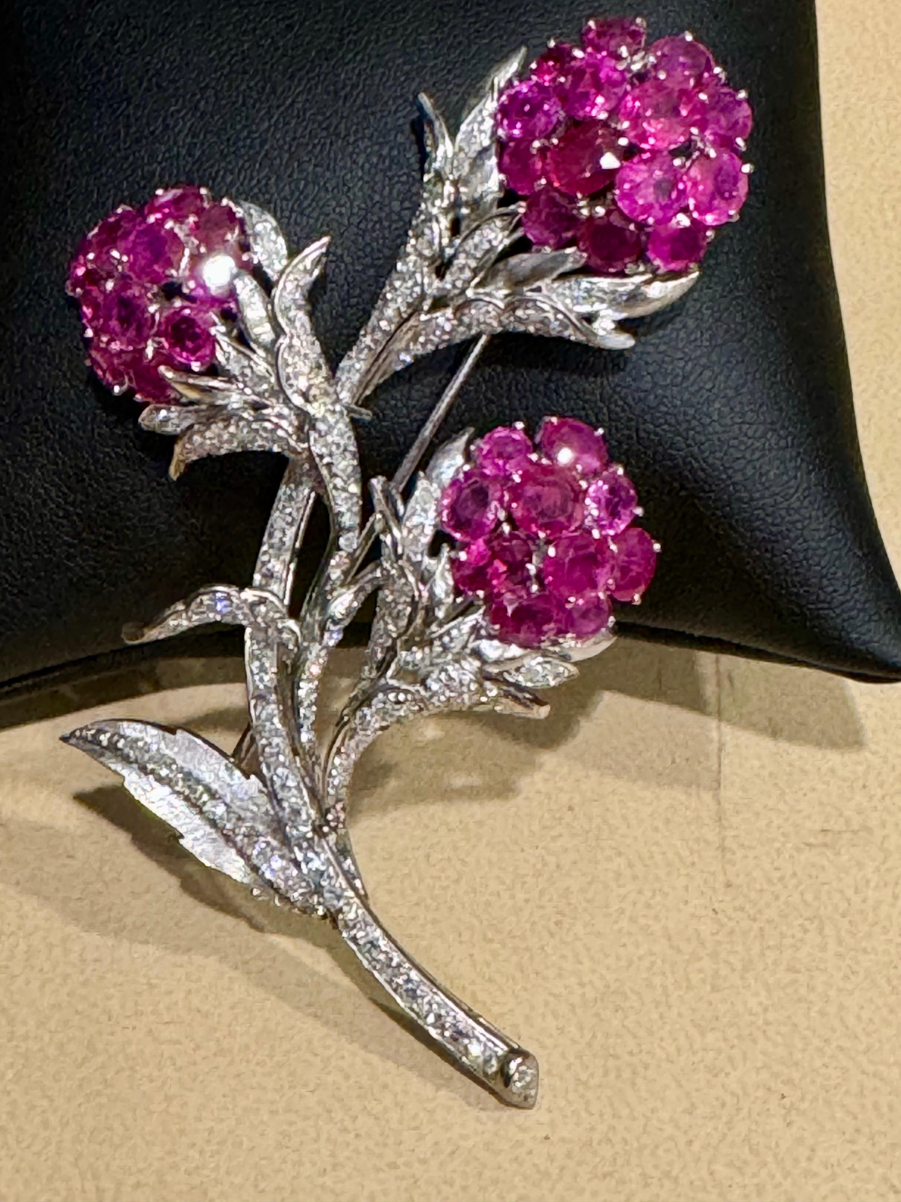 Round Cut Vintage 14 Kt White Gold Diamond & 18 Ct Pink Sapp Floral Bouquet Broach 30.4 GM For Sale