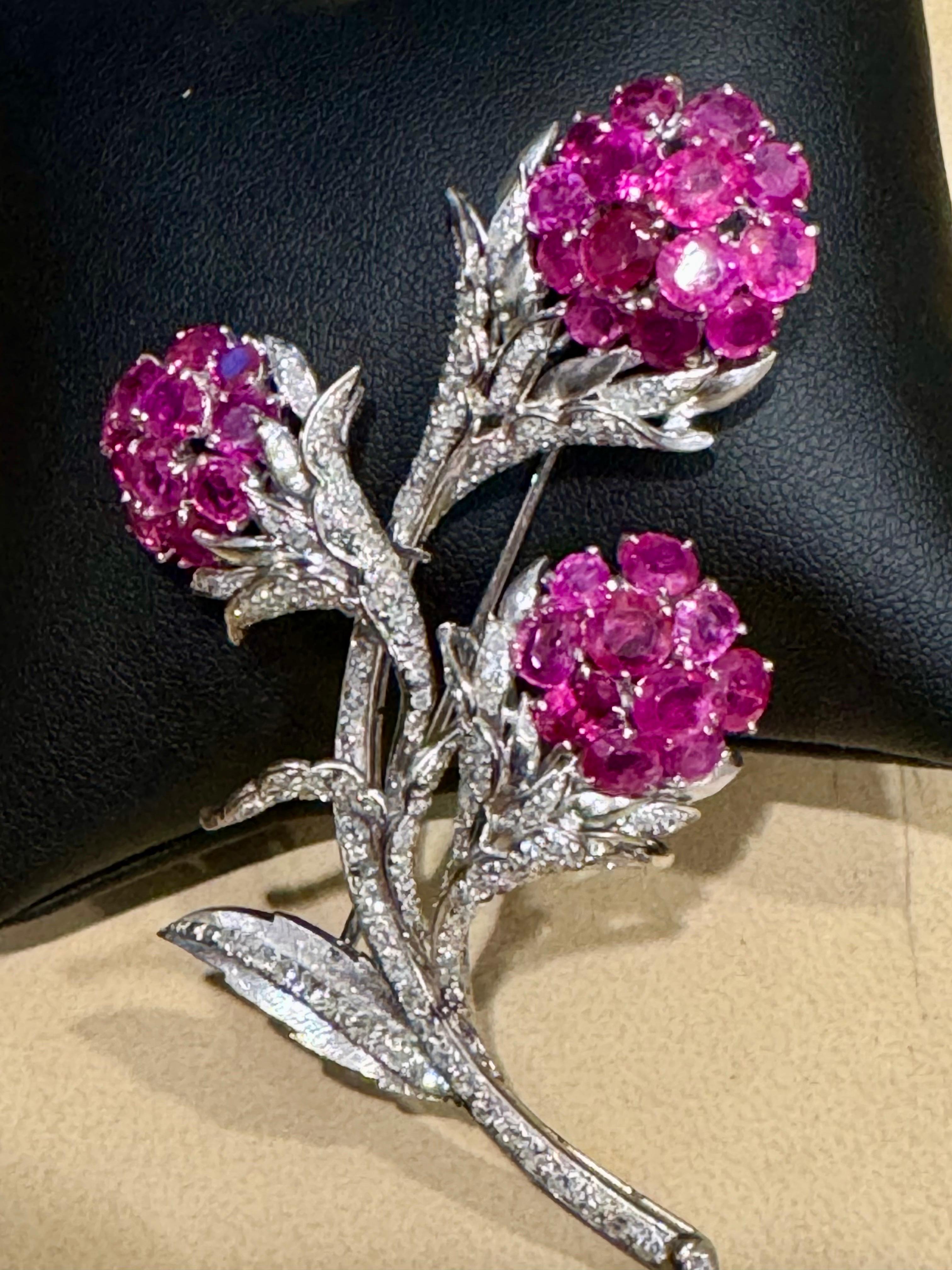Women's or Men's Vintage 14 Kt White Gold Diamond & 18 Ct Pink Sapp Floral Bouquet Broach 30.4 GM For Sale