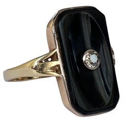 Vintage oro giallo 14 kt  anello in onice  con diamante vecchio taglio