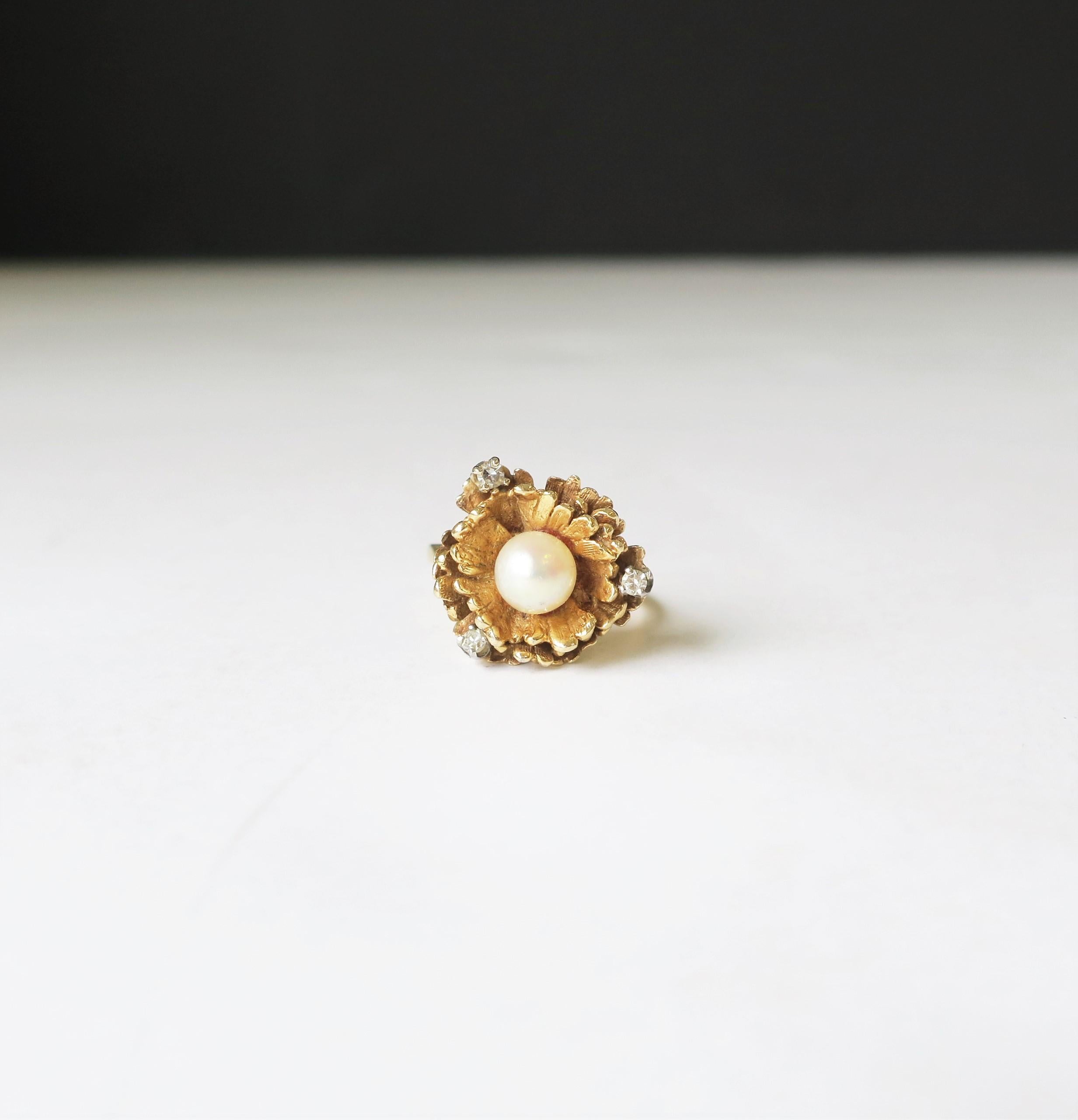 American Vintage 14-Karat Yellow Gold Pearl and Diamond Cocktail Ring, circa 1960s
