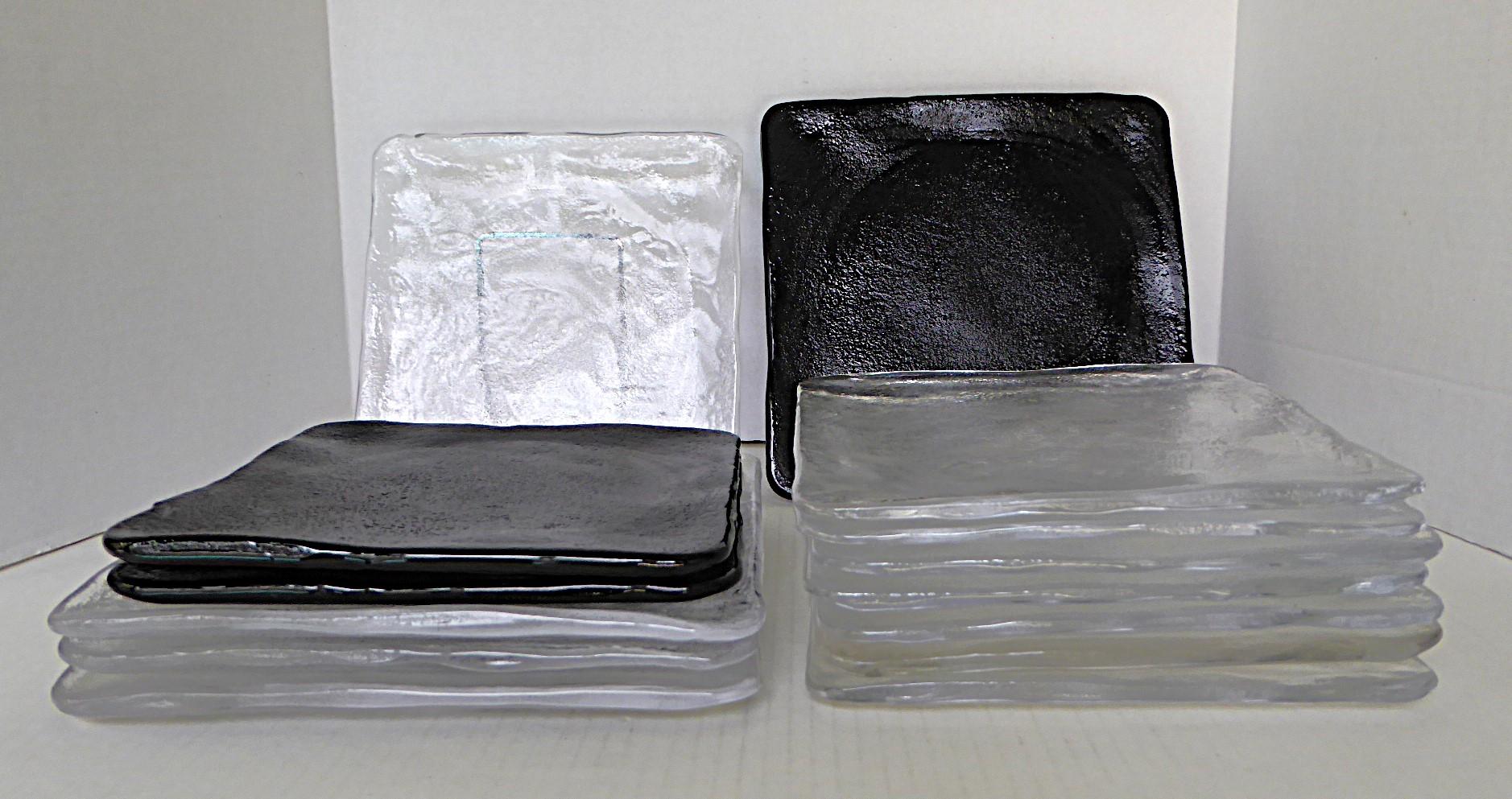 Set of 14 SUKIYA pattern (#240) Organic Modern square textured solid glass dishes Made in Japan in the late 70s early 1980s by SUGAHARA Company.  The dishes were handcrafted in a square form with a textured finish on top and a smooth back, none are