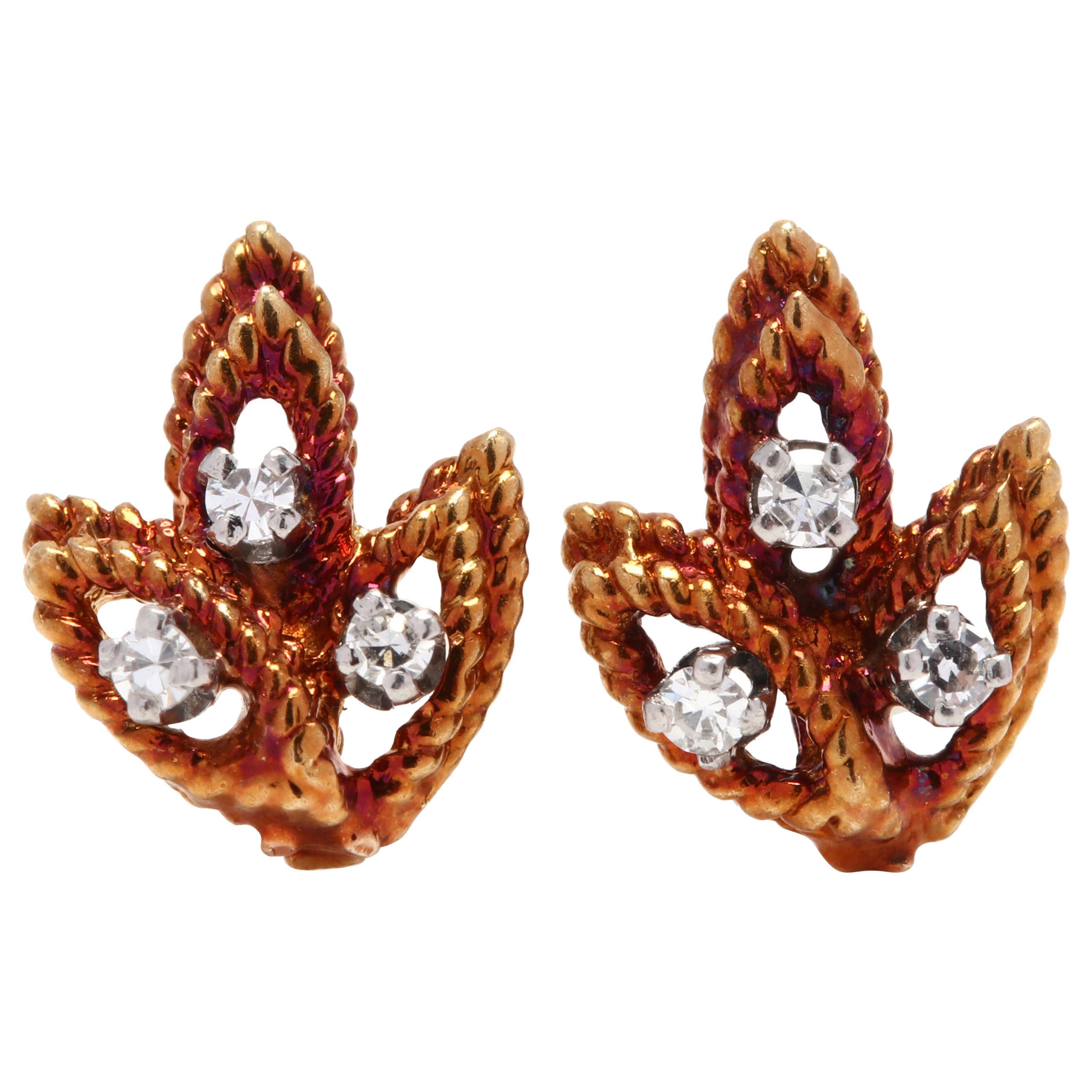 Vintage 14 Yellow Gold and Diamond Leaf Stud Earrings
