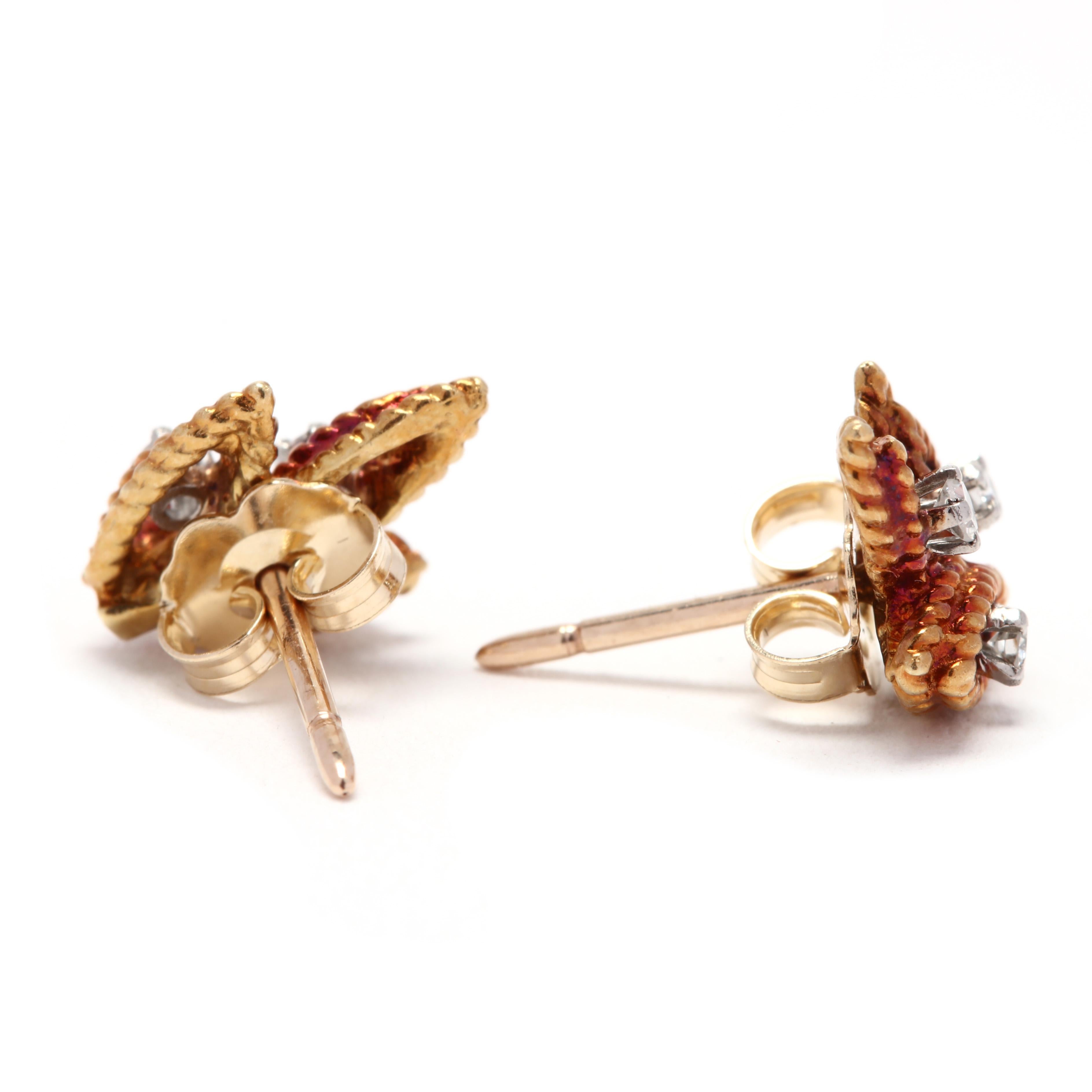 A pair of vintage 14 karat yellow gold and diamond leaf stud earrings. These earrings feature a three leaf design with a double row rope motif and each set with a full cut round diamond weighing approximately .12 total carats.

Stones:
- diamonds, 6