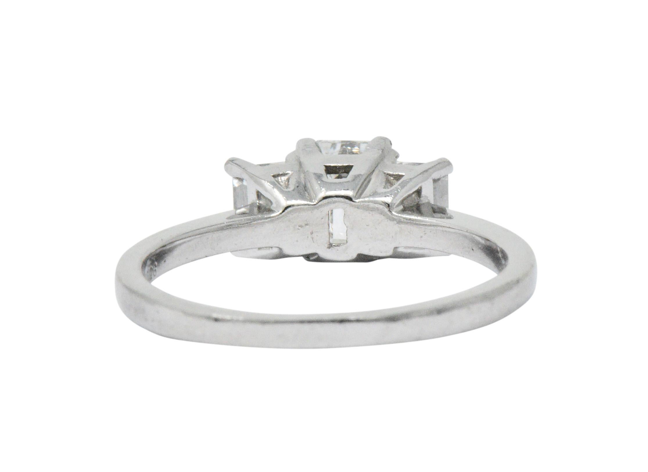 Contemporary Vintage 1.40 Carats Emerald Cut Diamond Platinum Three Stone Engagement Ring