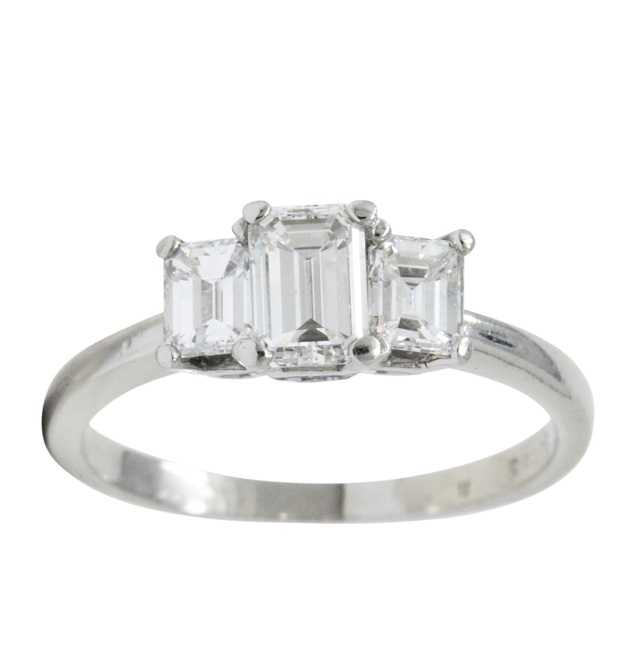 Vintage 1.40 Carats Emerald Cut Diamond Platinum Three Stone Engagement Ring In Excellent Condition In Philadelphia, PA