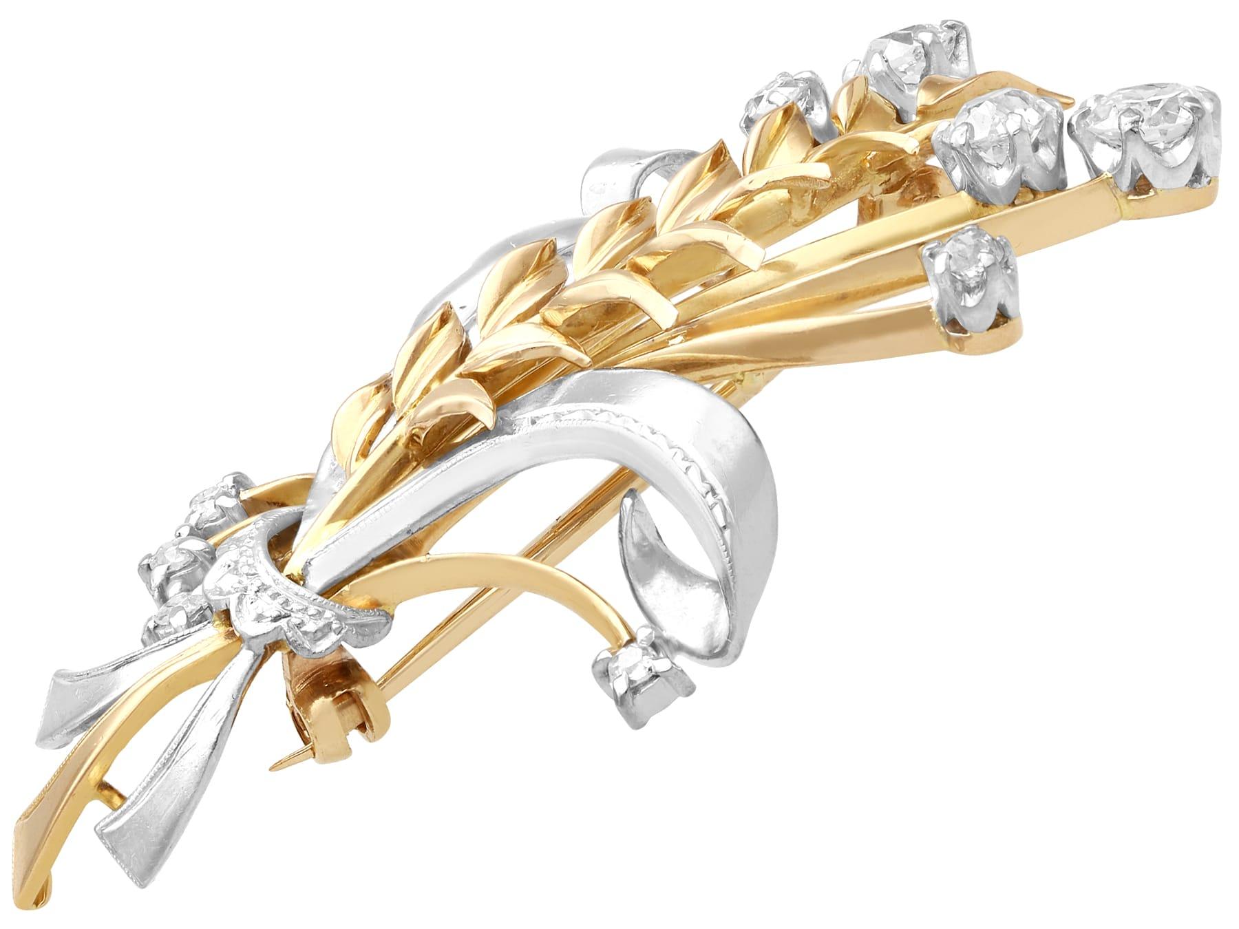 Old European Cut Vintage 1.40 Carat Diamond Yellow and White Gold Brooch, Circa 1950 For Sale