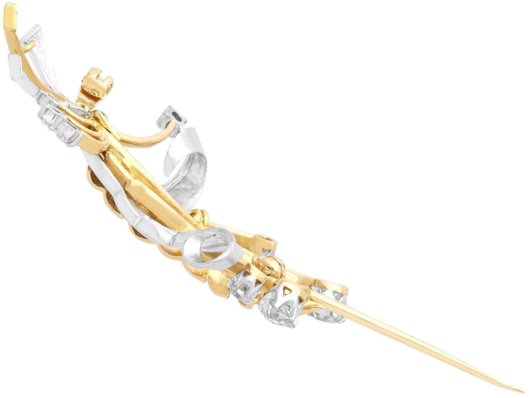 Women's or Men's Vintage 1.40 Carat Diamond Yellow and White Gold Brooch, Circa 1950 For Sale