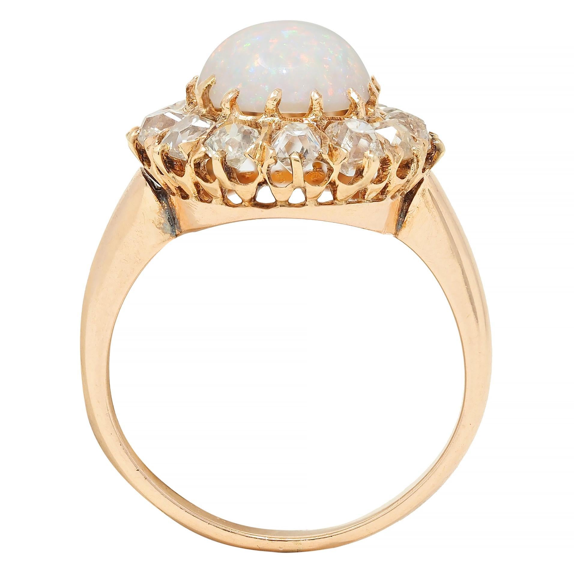 Vintage 1.40 CTW Old Mine Diamond Opal 14 Karat Rose Gold Halo Ring For Sale 5