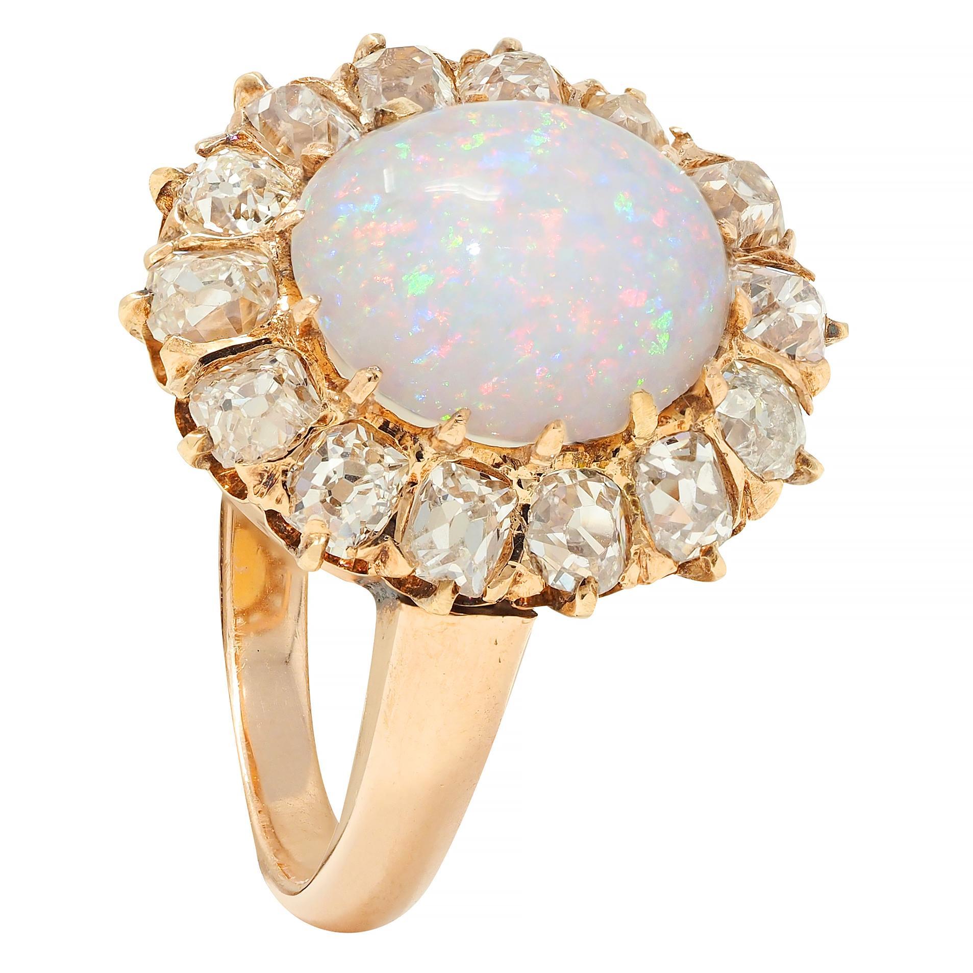 Vintage 1.40 CTW Old Mine Diamond Opal 14 Karat Rose Gold Halo Ring For Sale 6