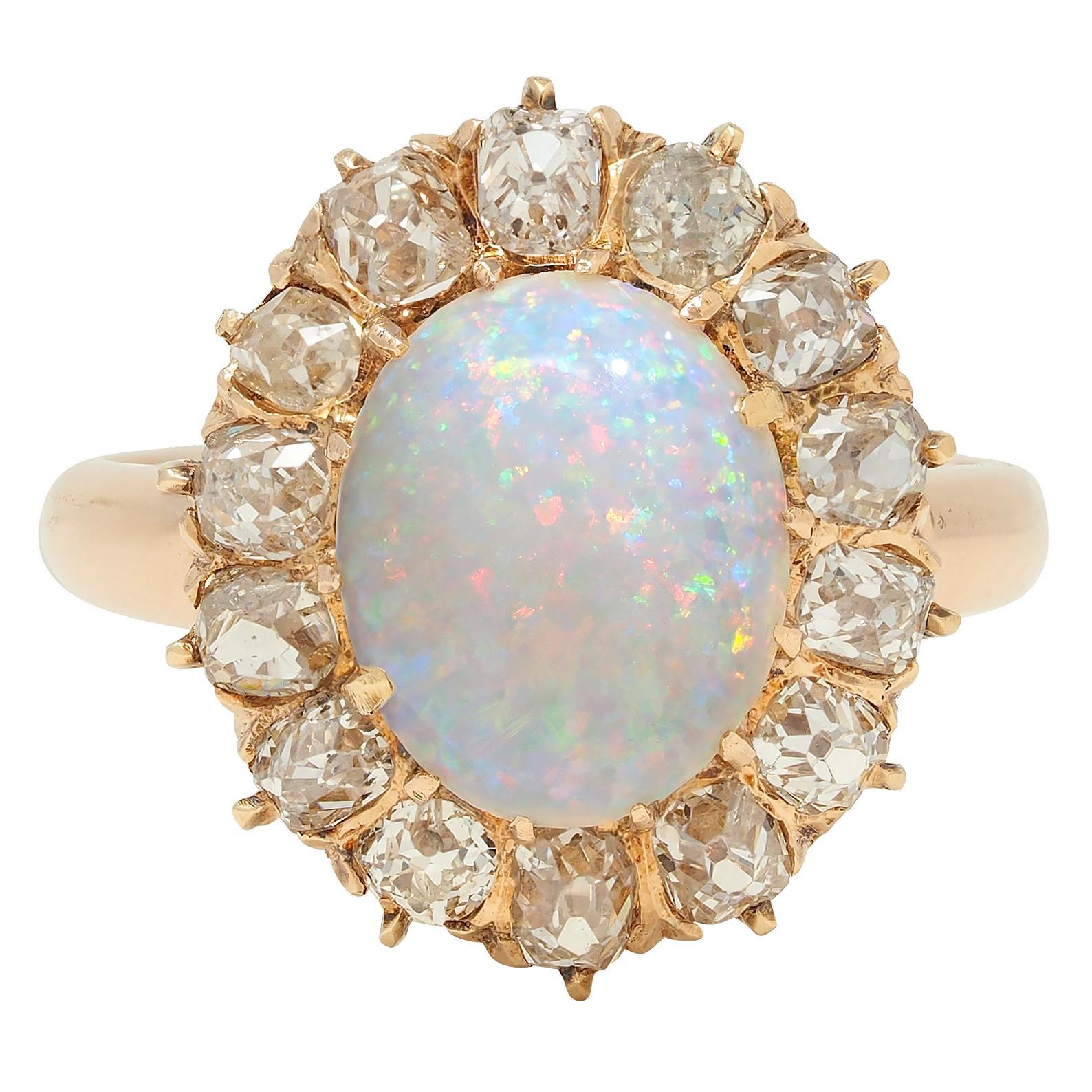Vintage 1.40 CTW Old Mine Diamond Opal 14 Karat Rose Gold Halo Ring For Sale 7