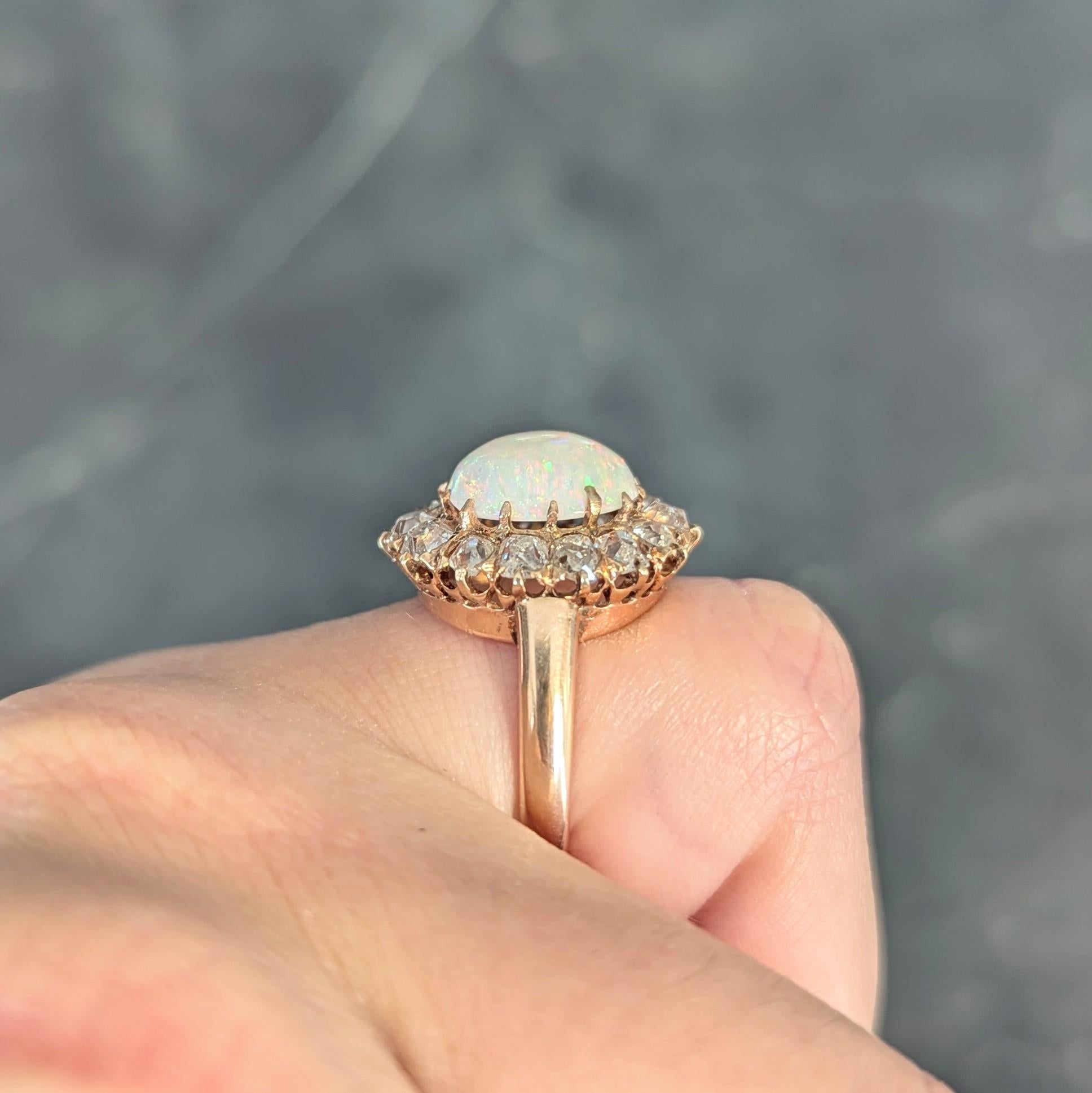 Vintage 1.40 CTW Old Mine Diamond Opal 14 Karat Rose Gold Halo Ring For Sale 8