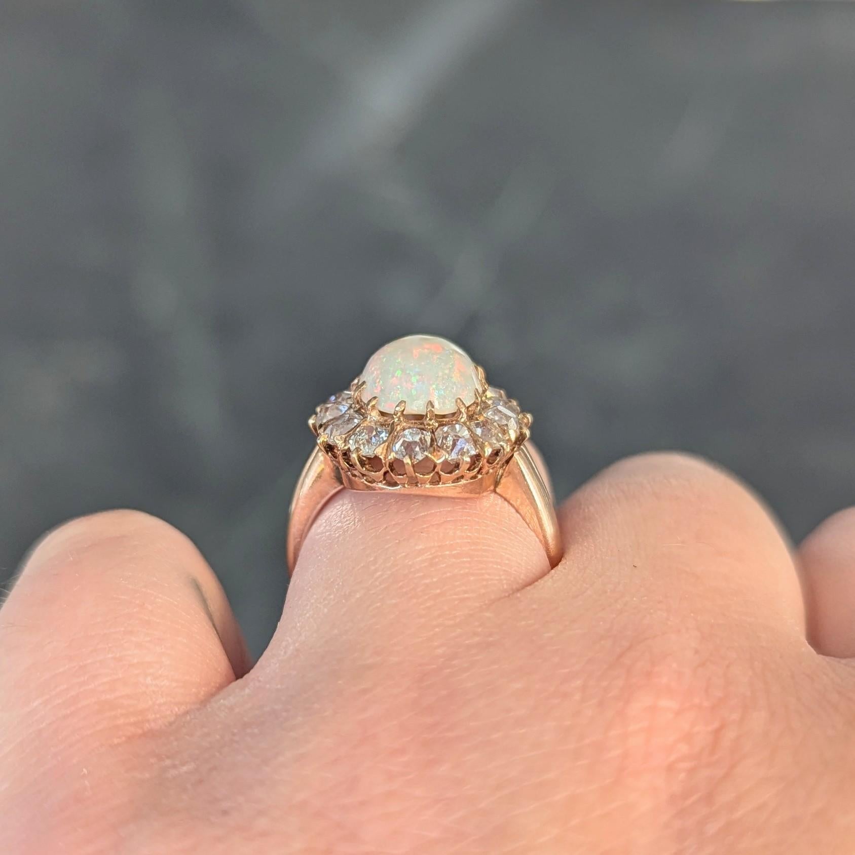 Vintage 1.40 CTW Old Mine Diamond Opal 14 Karat Rose Gold Halo Ring For Sale 9