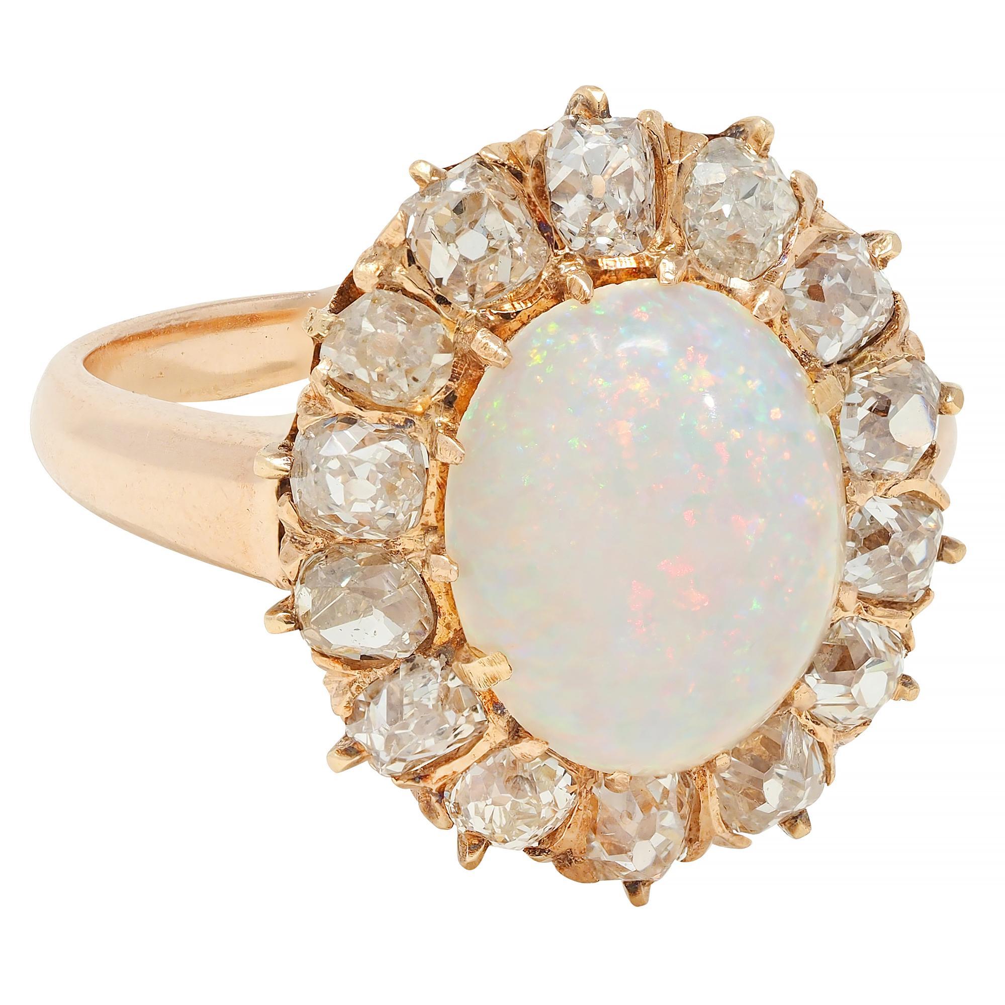 Old Mine Cut Vintage 1.40 CTW Old Mine Diamond Opal 14 Karat Rose Gold Halo Ring For Sale