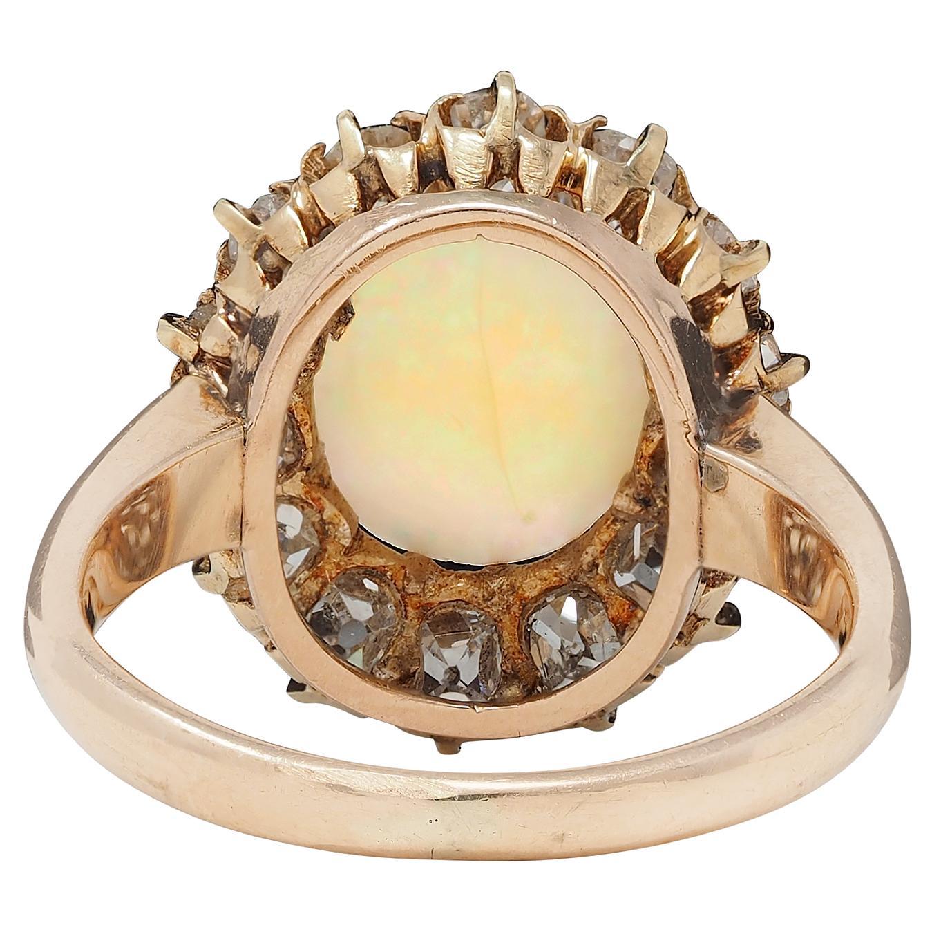 Women's or Men's Vintage 1.40 CTW Old Mine Diamond Opal 14 Karat Rose Gold Halo Ring For Sale