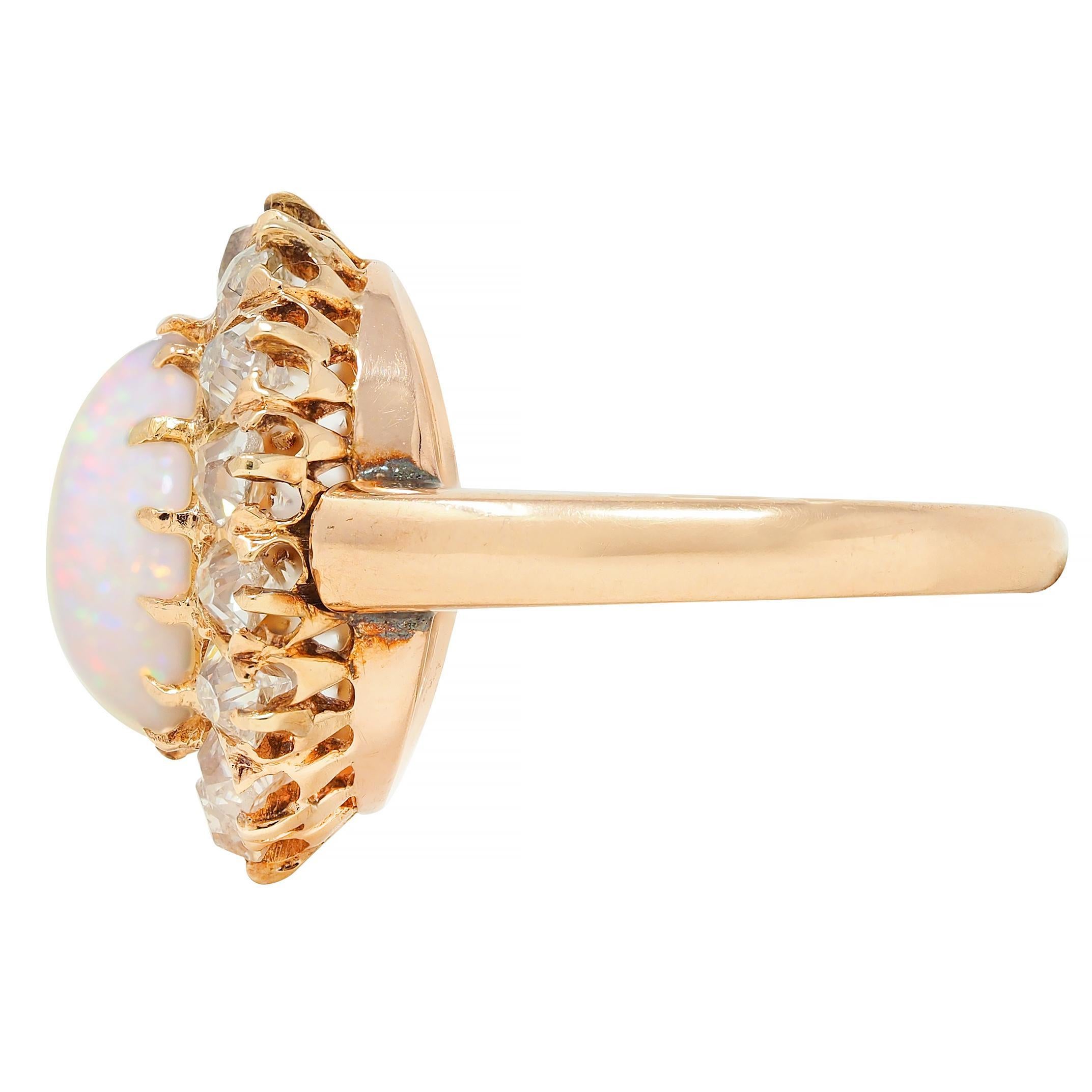 Vintage 1.40 CTW Old Mine Diamond Opal 14 Karat Rose Gold Halo Ring For Sale 1