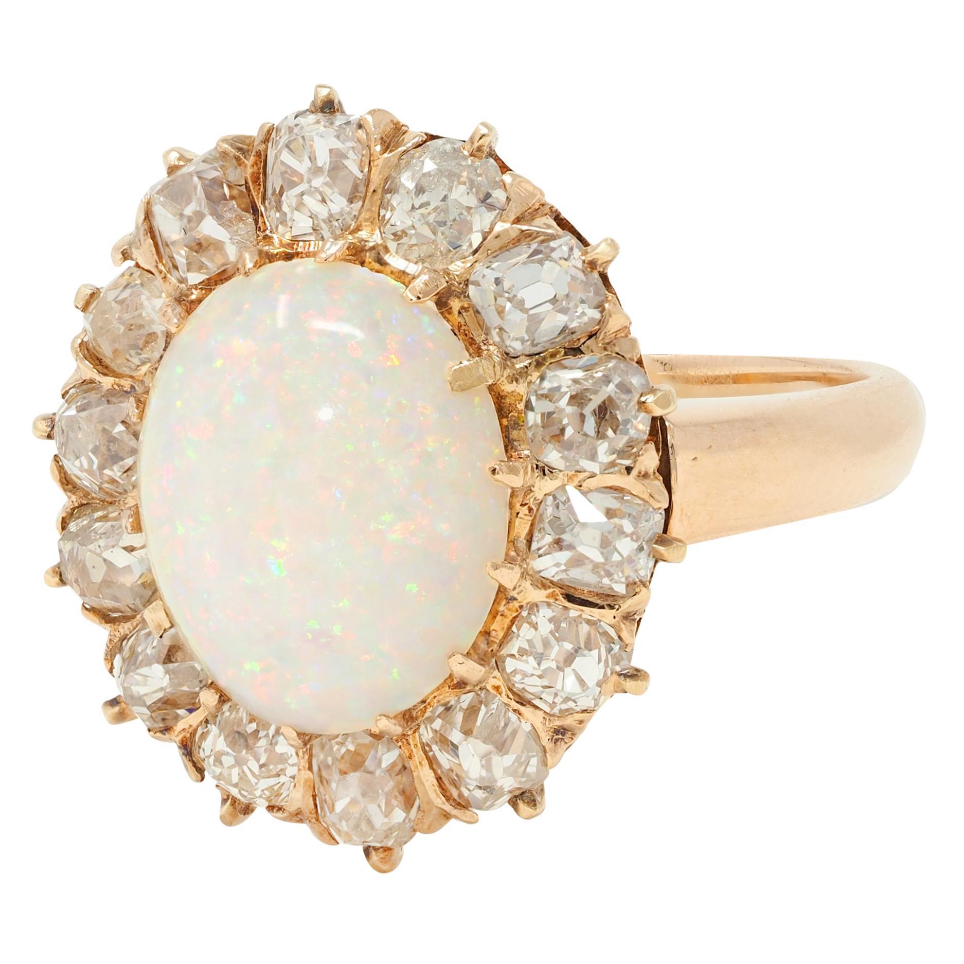 Vintage 1.40 CTW Old Mine Diamond Opal 14 Karat Rose Gold Halo Ring For Sale 2