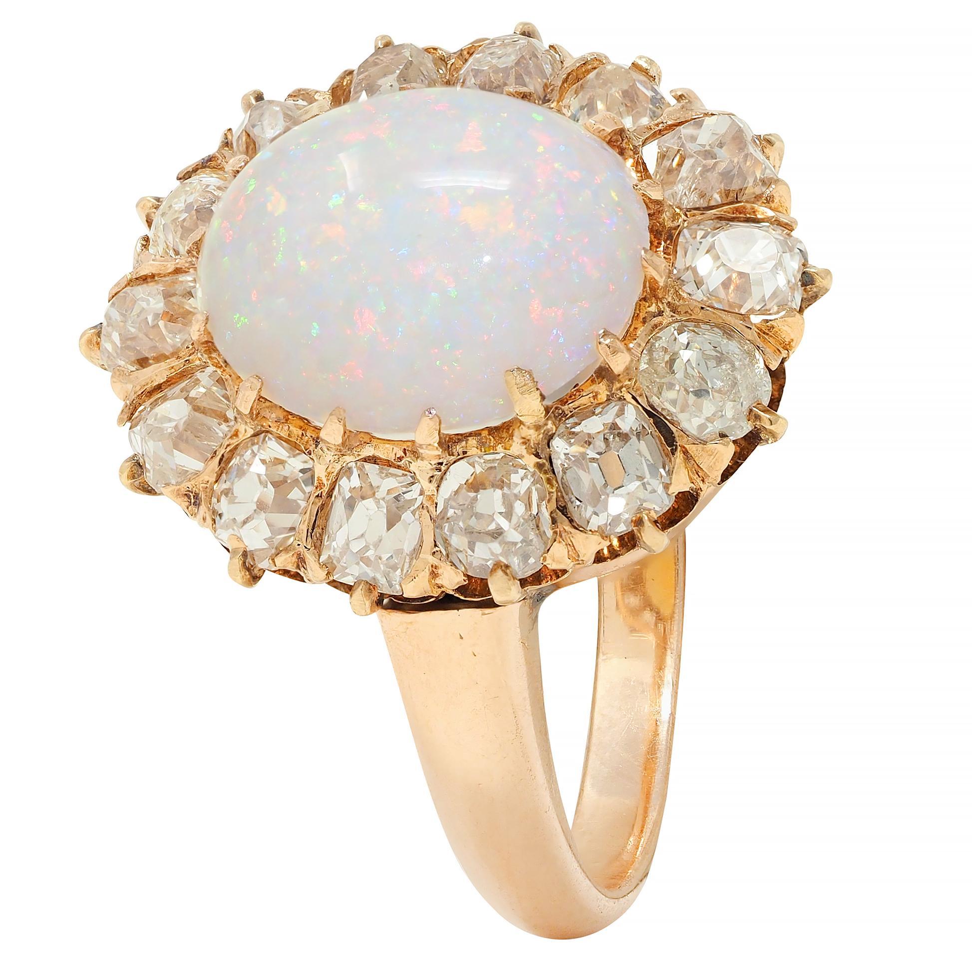 Vintage 1.40 CTW Old Mine Diamond Opal 14 Karat Rose Gold Halo Ring For Sale 3