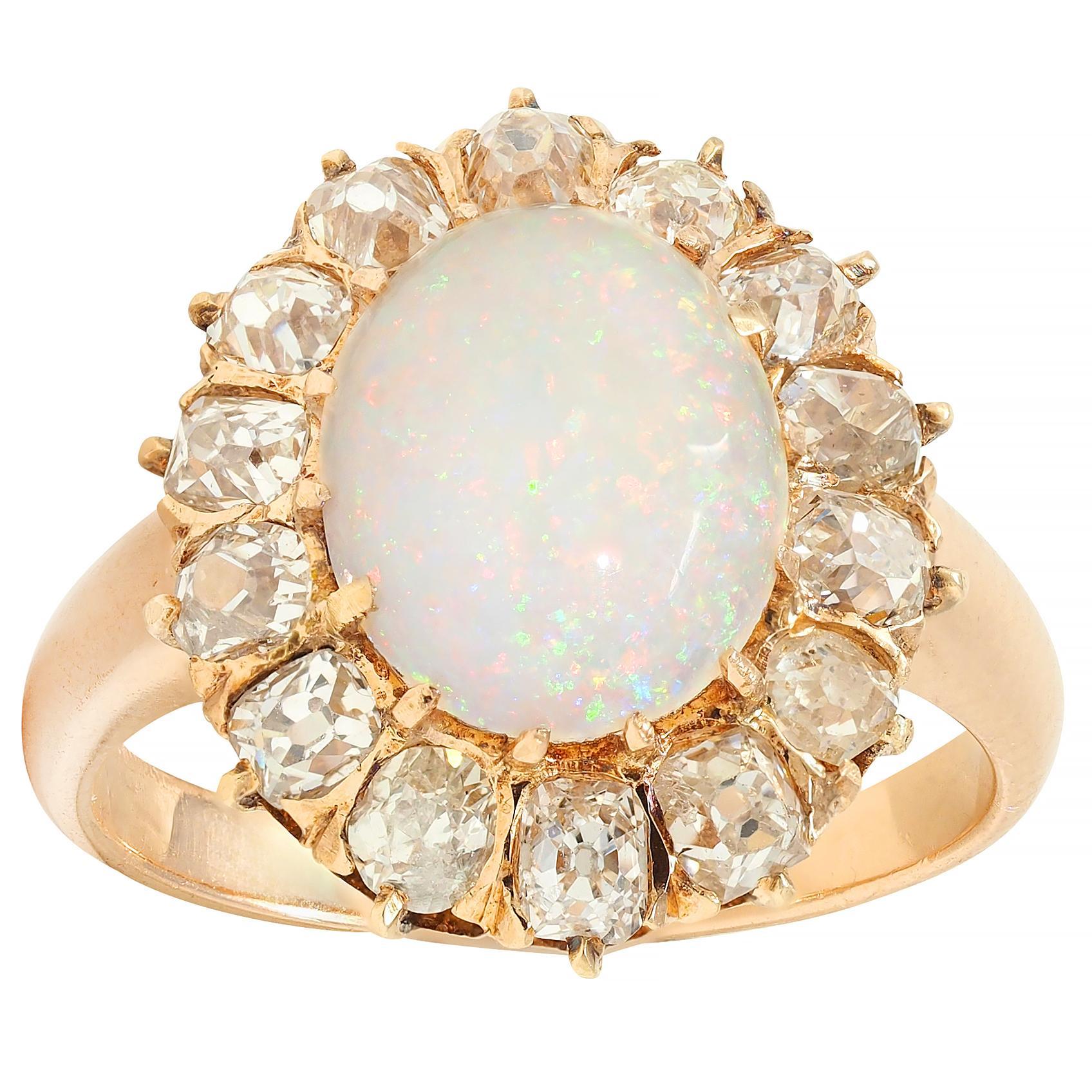 Vintage 1.40 CTW Old Mine Diamond Opal 14 Karat Rose Gold Halo Ring For Sale 4