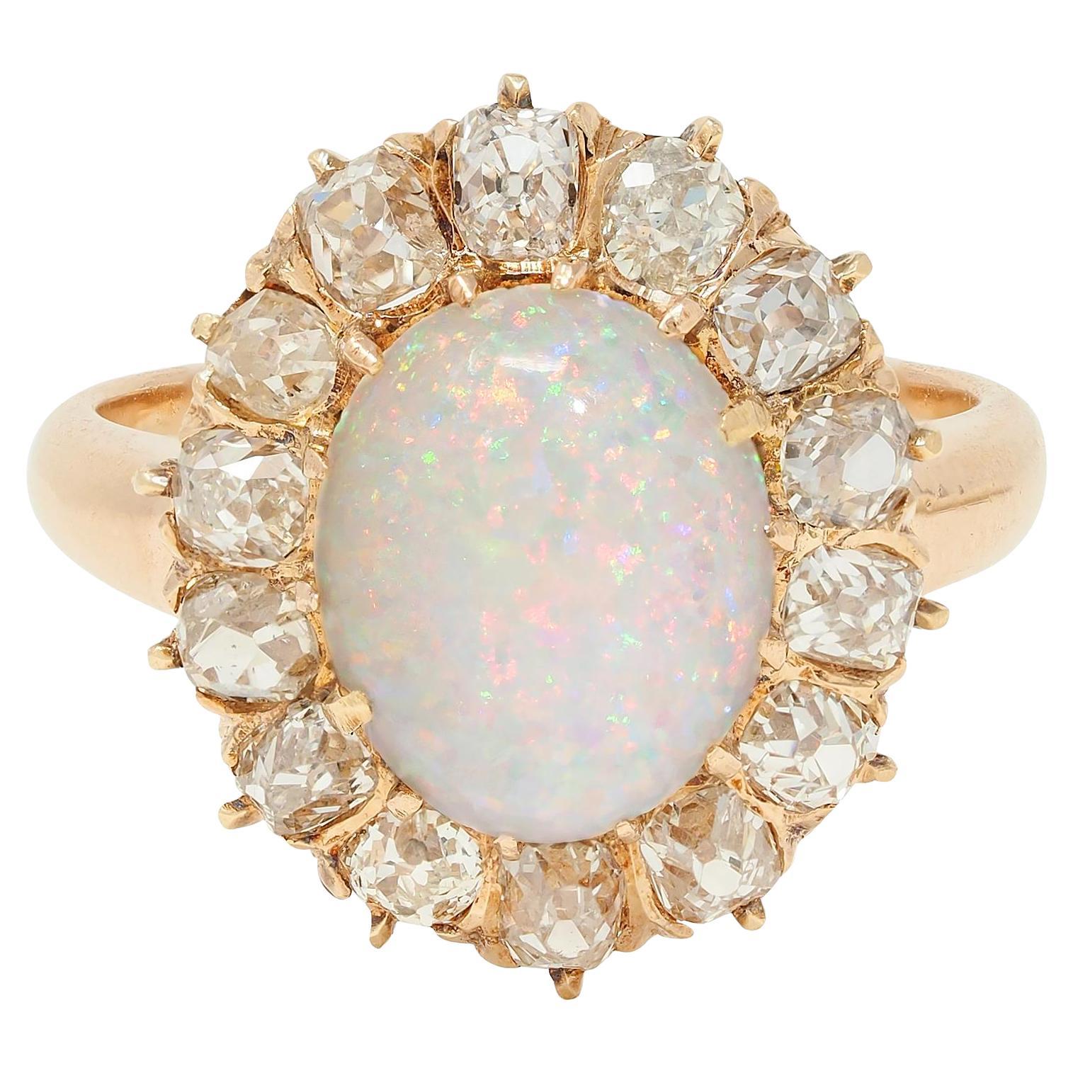 Vintage 1.40 CTW Old Mine Diamond Opal 14 Karat Rose Gold Halo Ring For Sale