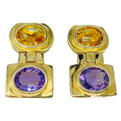 Vintage 14.00 Carat Amethyst and Citrine Gemstone Dangling Clip Earrings 14k