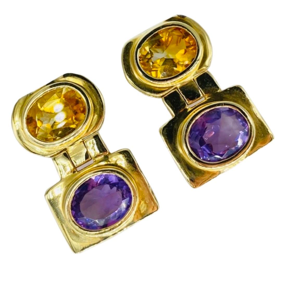Oval Cut Vintage 14.00 Carat Amethyst and Citrine Gemstone Dangling Clip Earrings 14k For Sale