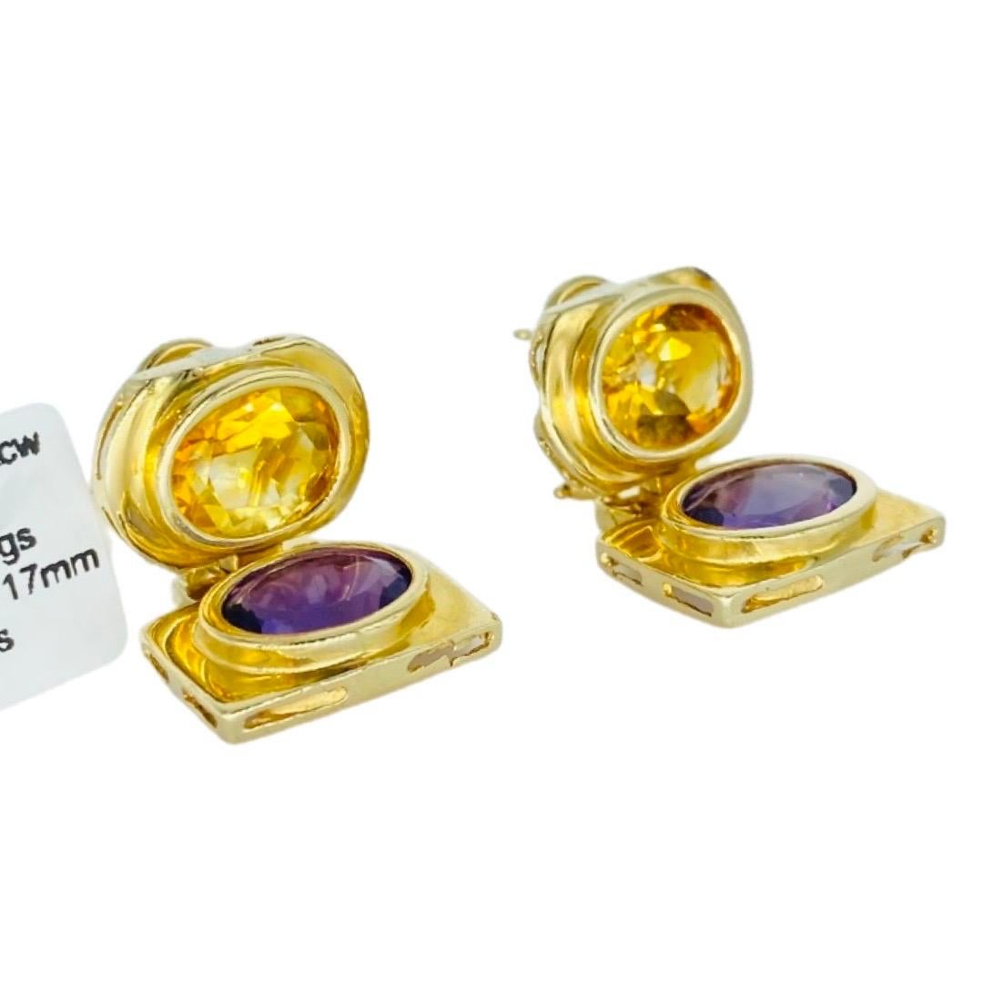 Vintage 14.00 Carat Amethyst and Citrine Gemstone Dangling Clip Earrings 14k In Excellent Condition For Sale In Miami, FL