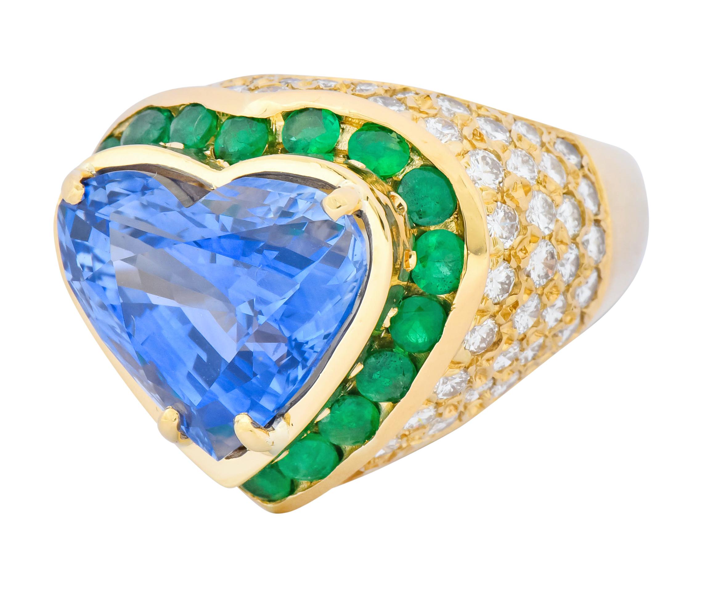 Vintage 14.09 Carat Sapphire Diamond Emerald 18 Karat Gold Heart Cocktail Ring In Excellent Condition In Philadelphia, PA
