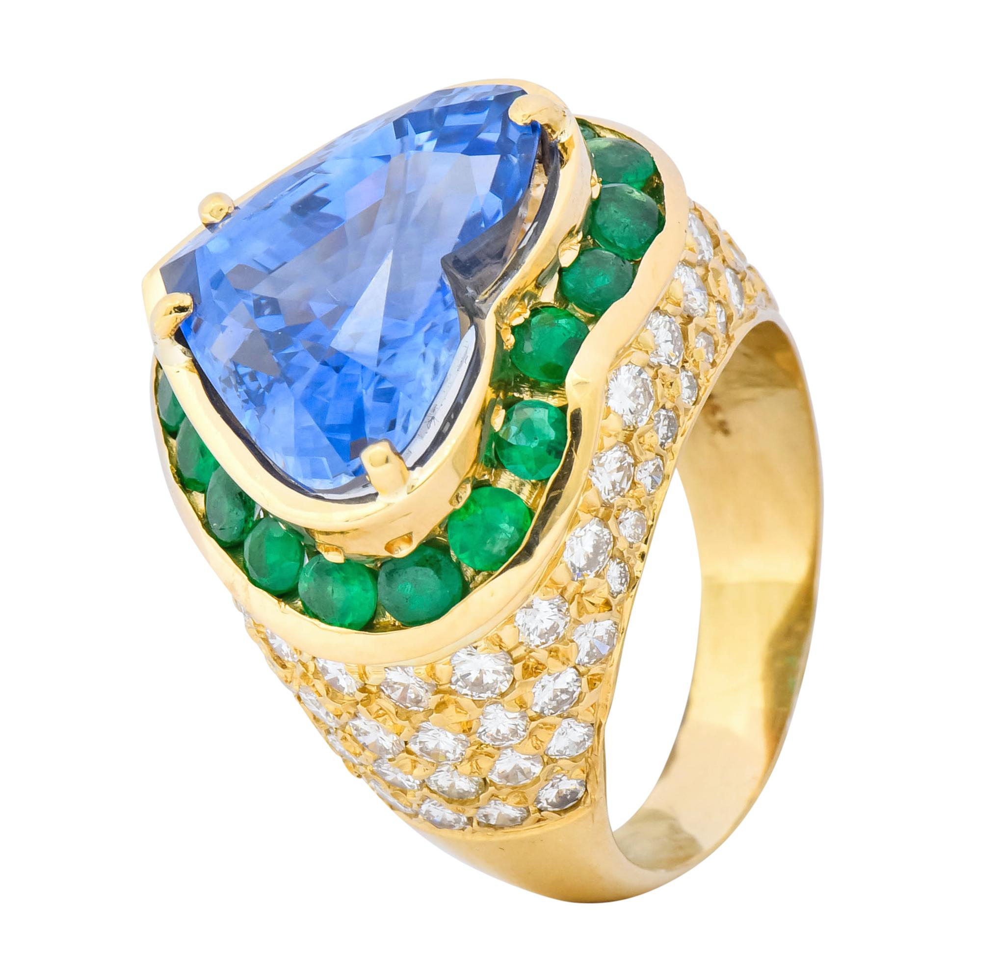 Vintage 14.09 Carat Sapphire Diamond Emerald 18 Karat Gold Heart Cocktail Ring 1