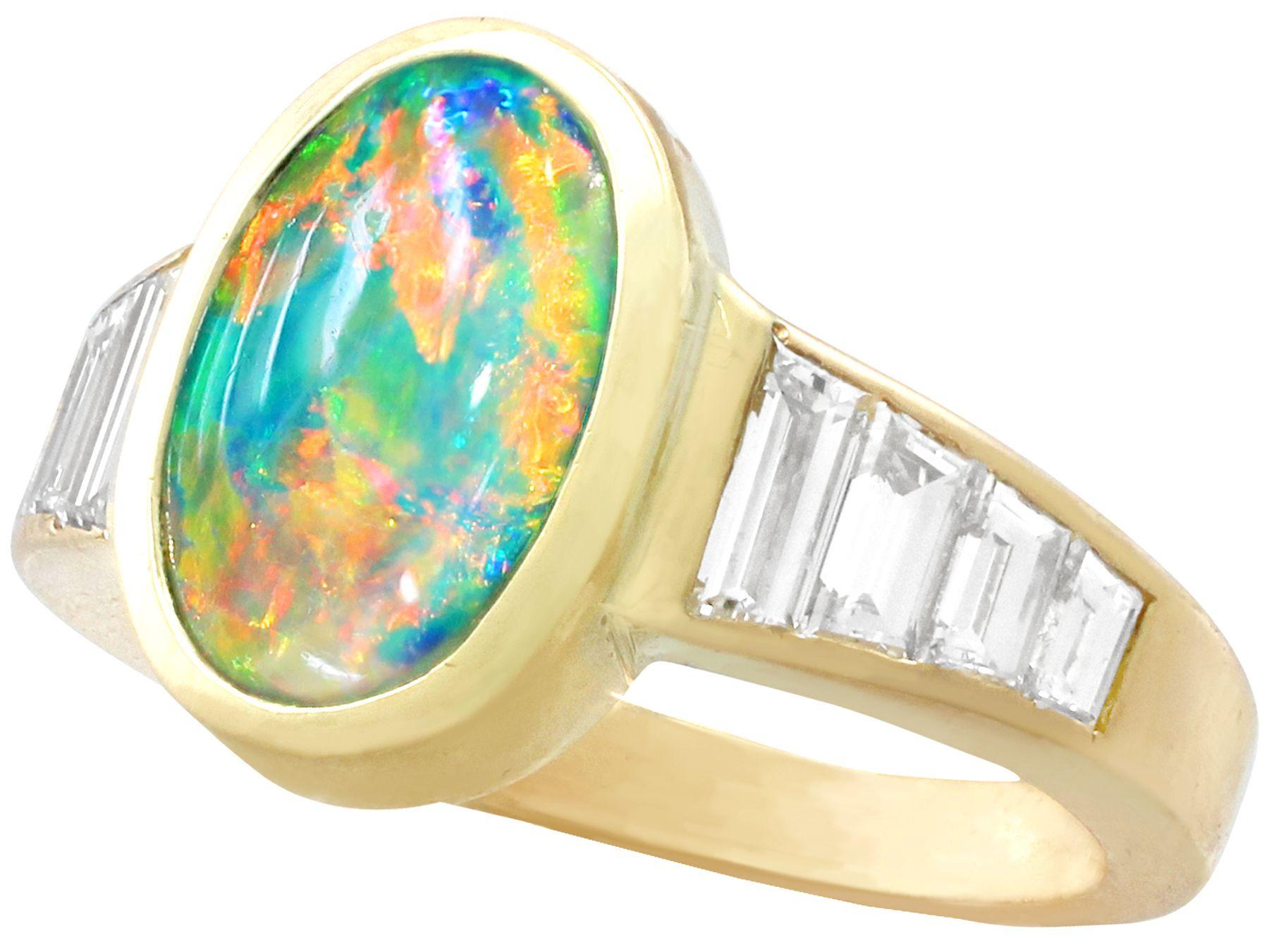 Baguette Cut 1.40Ct Cabochon Blue Opal 1.12 Carat Diamond Yellow Gold Cocktail Ring For Sale