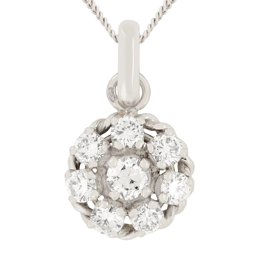 Brilliant Cut Vintage 1.40ct Diamond Cluster Pendant, c.1970s For Sale