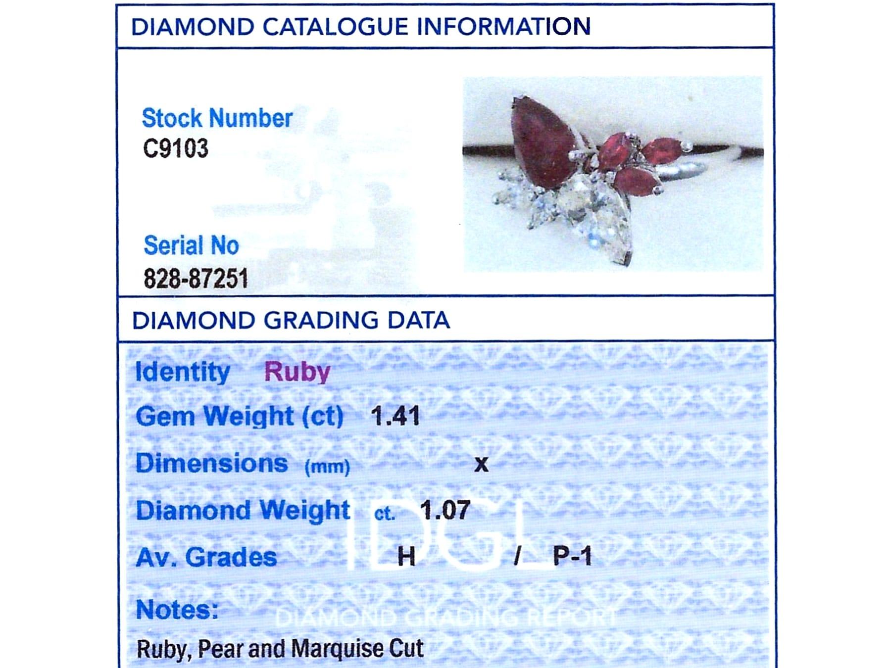 Vintage 1.41 Carat Ruby and 1.07 Carat Diamond Ring in 18k White Gold For Sale 5