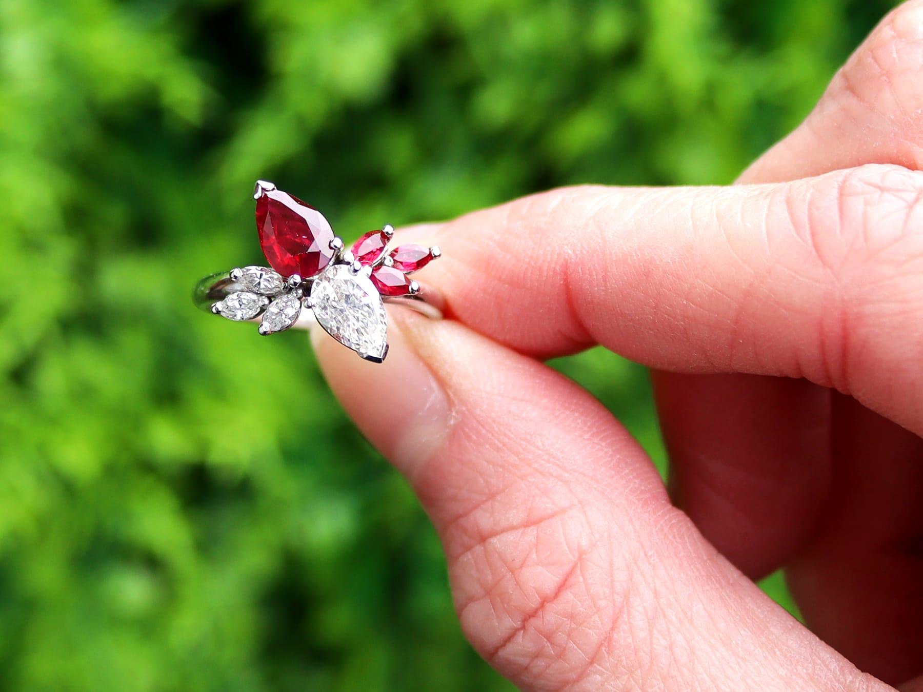 A stunning, fine and impressive 1.41 carat ruby and 1.07 carat diamond, 18 karat white gold ring; part of our pear cut vintage rings collection.

This stunning, fine and impressive vintage ruby and diamond ring has been crafted in 18k white