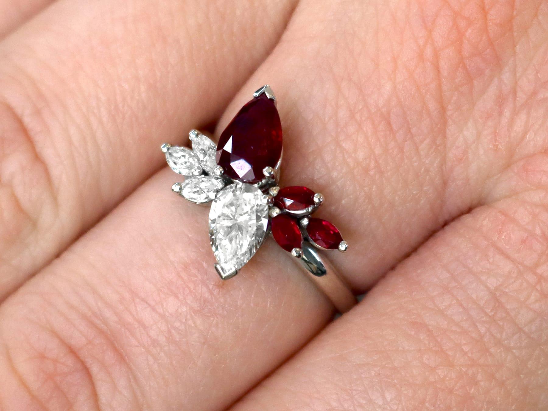Pear Cut Vintage 1.41 Carat Ruby and 1.07 Carat Diamond Ring in 18k White Gold For Sale
