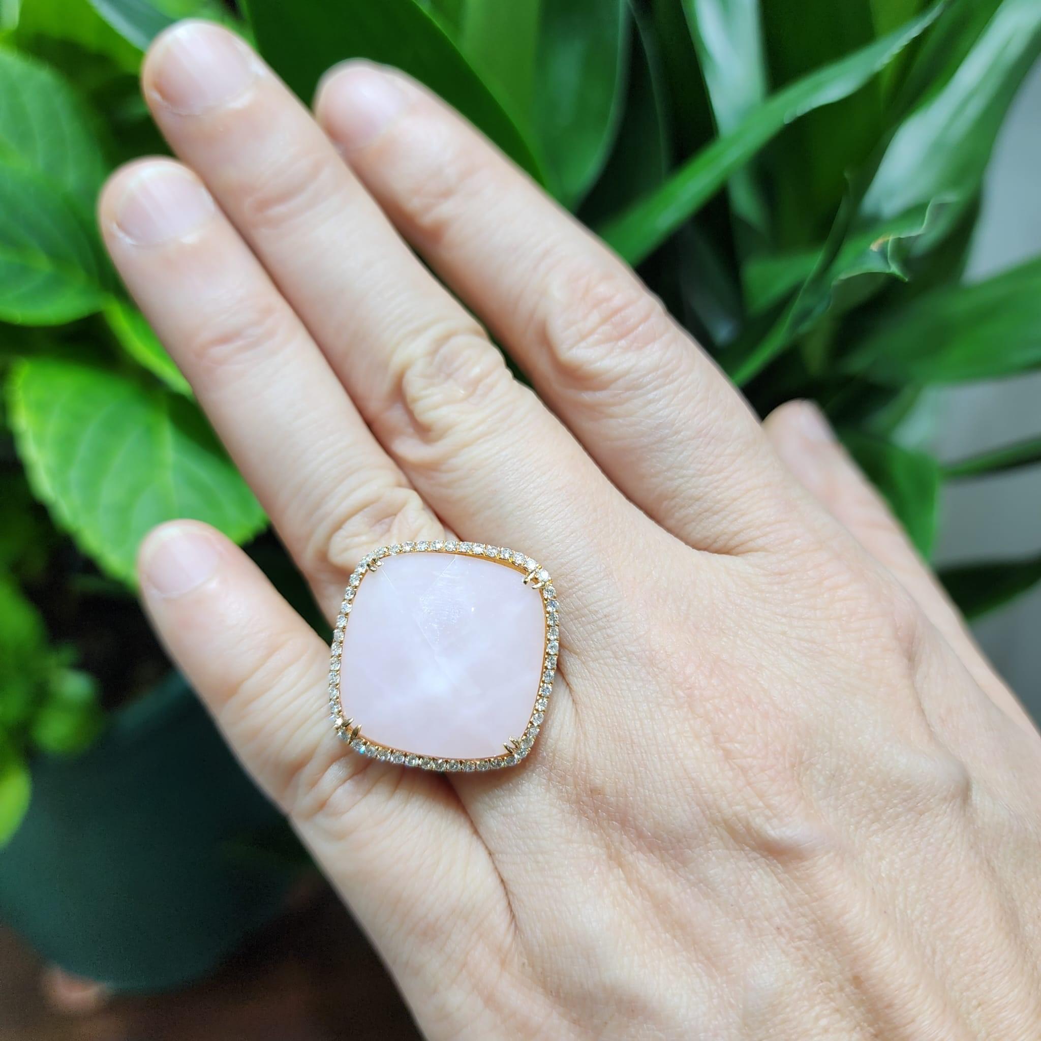 Vintage 14.1ct Doublet Pink Opal Quartz Diamond Ring in 18 Karat Rose Gold For Sale 1