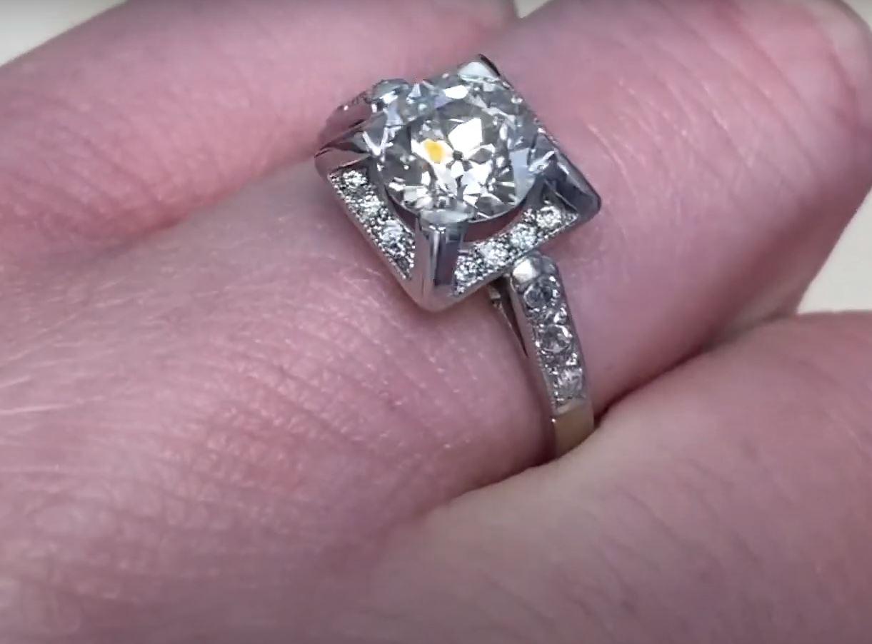Women's Vintage 1.42 Carat Old Euro-Cut Diamond Engagement Ring, E Color, Diamond Halo For Sale