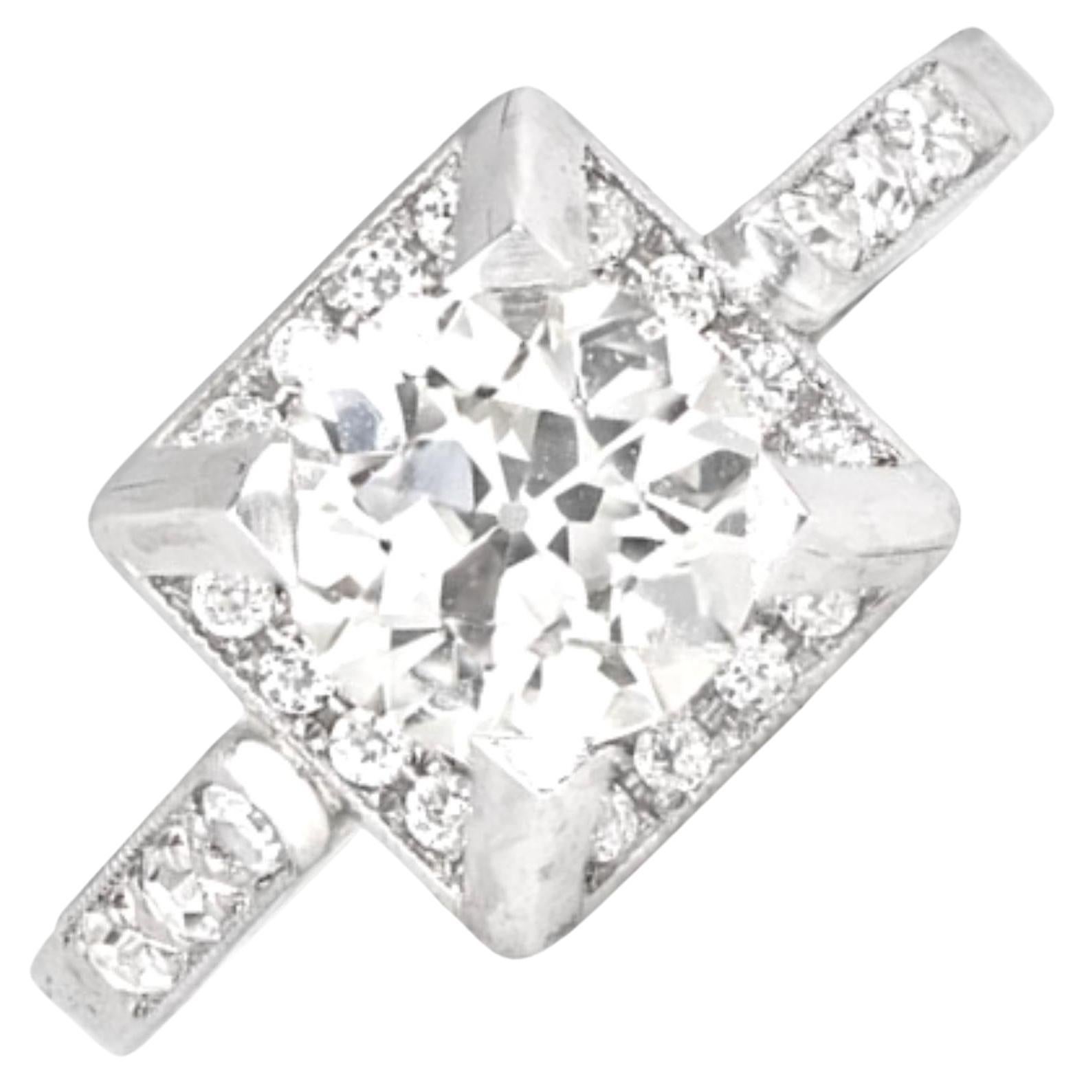 Vintage 1.42 Carat Old Euro-Cut Diamond Engagement Ring, E Color, Diamond Halo