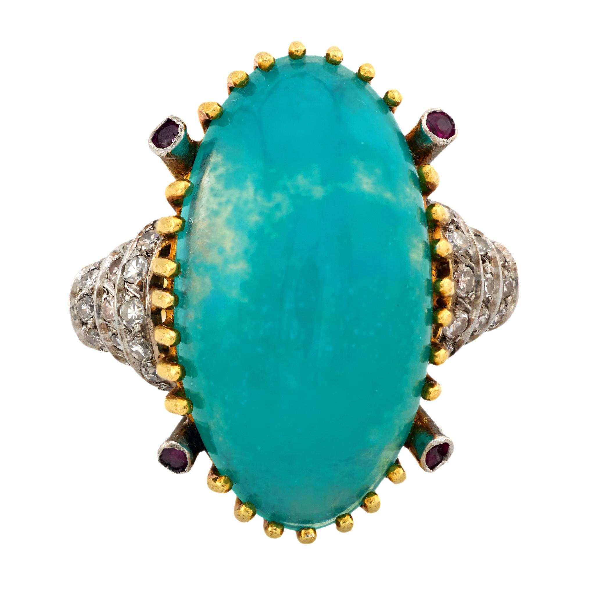 Contemporain Vintage 14.30 carat chrysocolla diamant rubis or jaune 18k bague de cocktail en vente