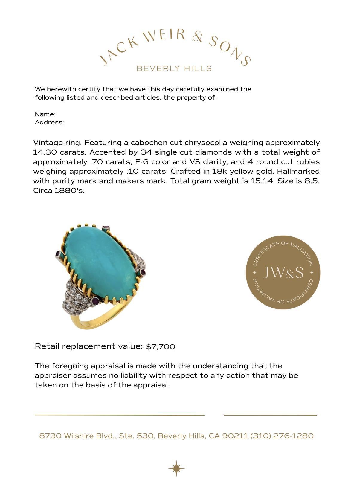 Vintage 14.30 carat chrysocolla diamant rubis or jaune 18k bague de cocktail Bon état - En vente à Beverly Hills, CA