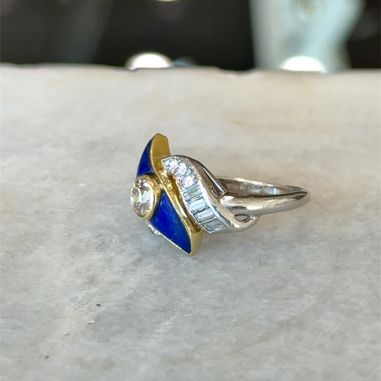 1.43CT Diamond and Lapis Platinum and 18KT Yellow Gold Vintage Ring For Sale 5