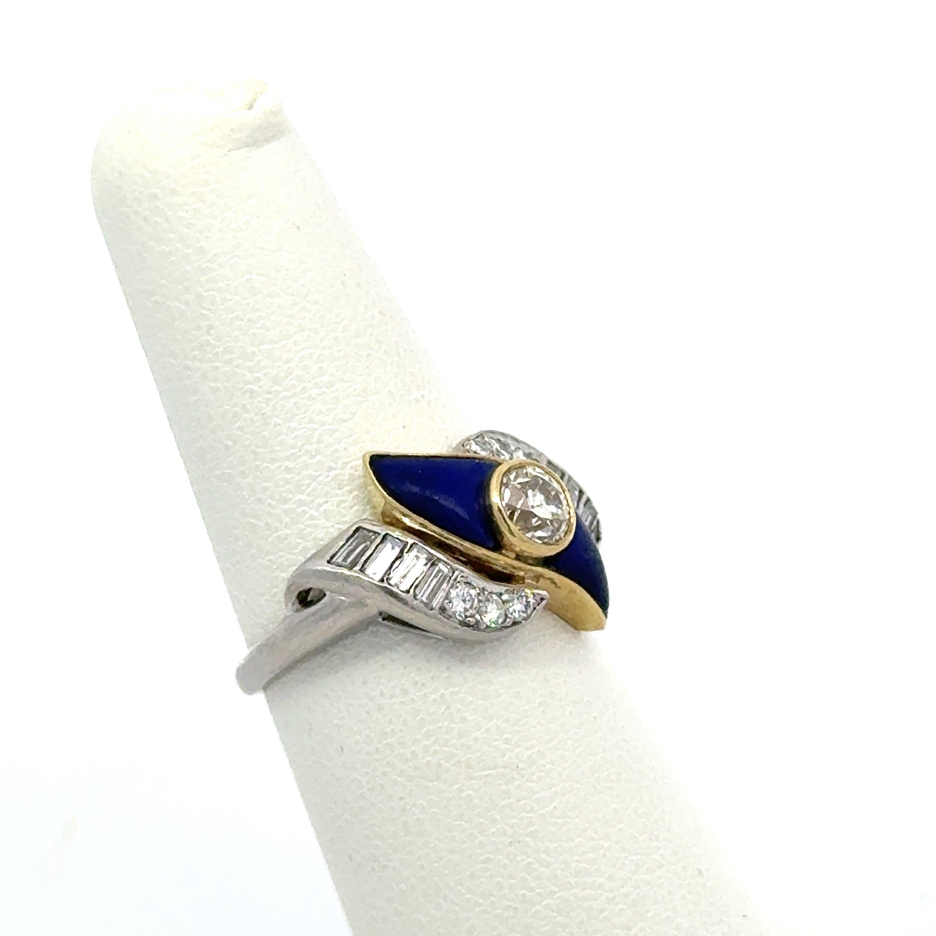 Round Cut 1.43CT Diamond and Lapis Platinum and 18KT Yellow Gold Vintage Ring For Sale