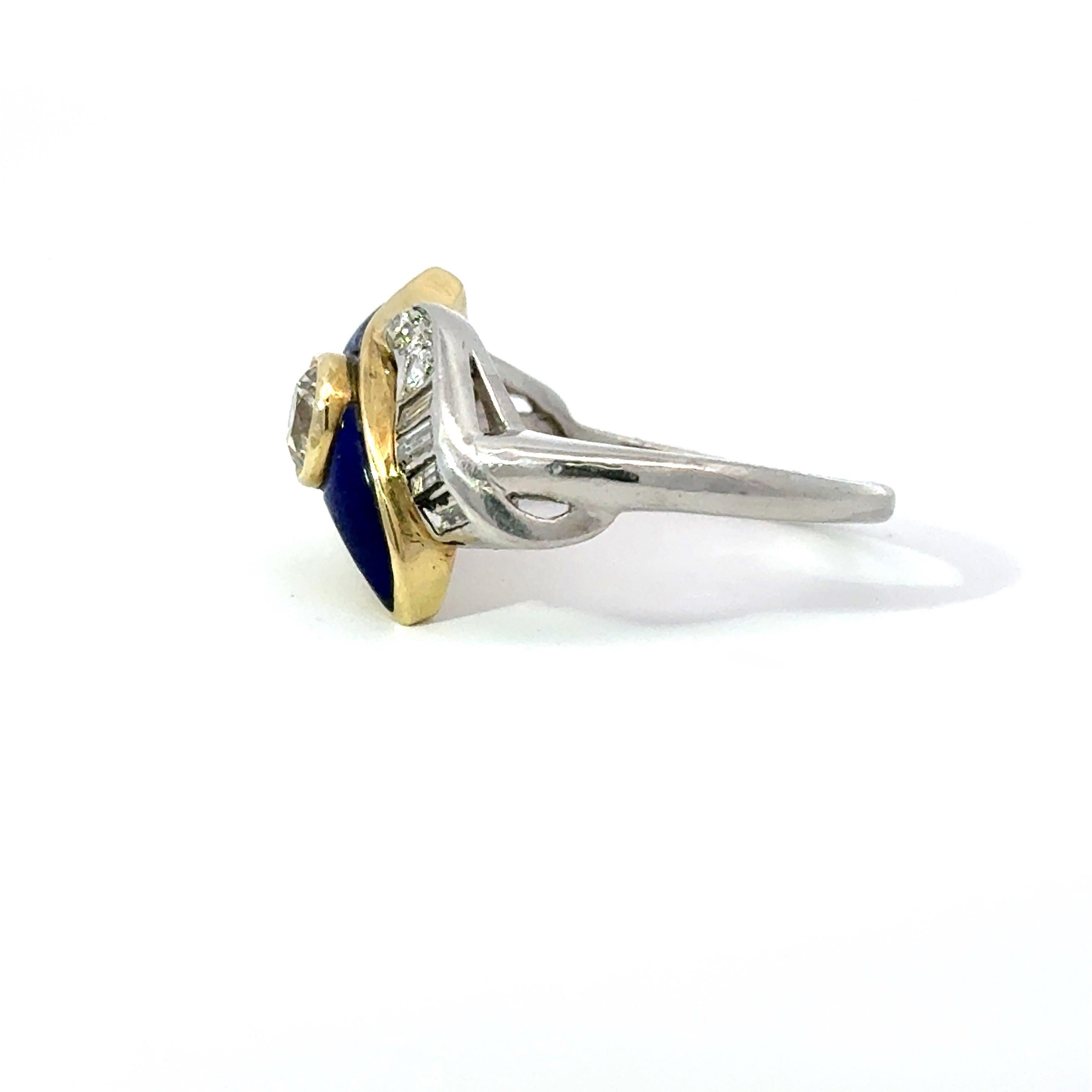1.43CT Diamond and Lapis Platinum and 18KT Yellow Gold Vintage Ring For Sale 4