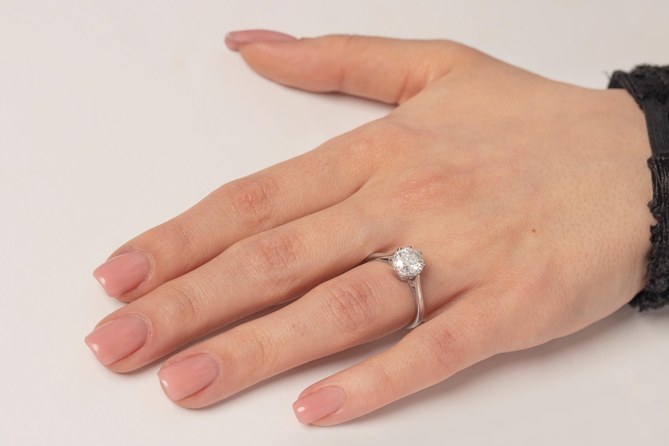 Old European Cut Vintage 1.43 Carat Diamond Solitaire Engagement Ring, circa 1940s