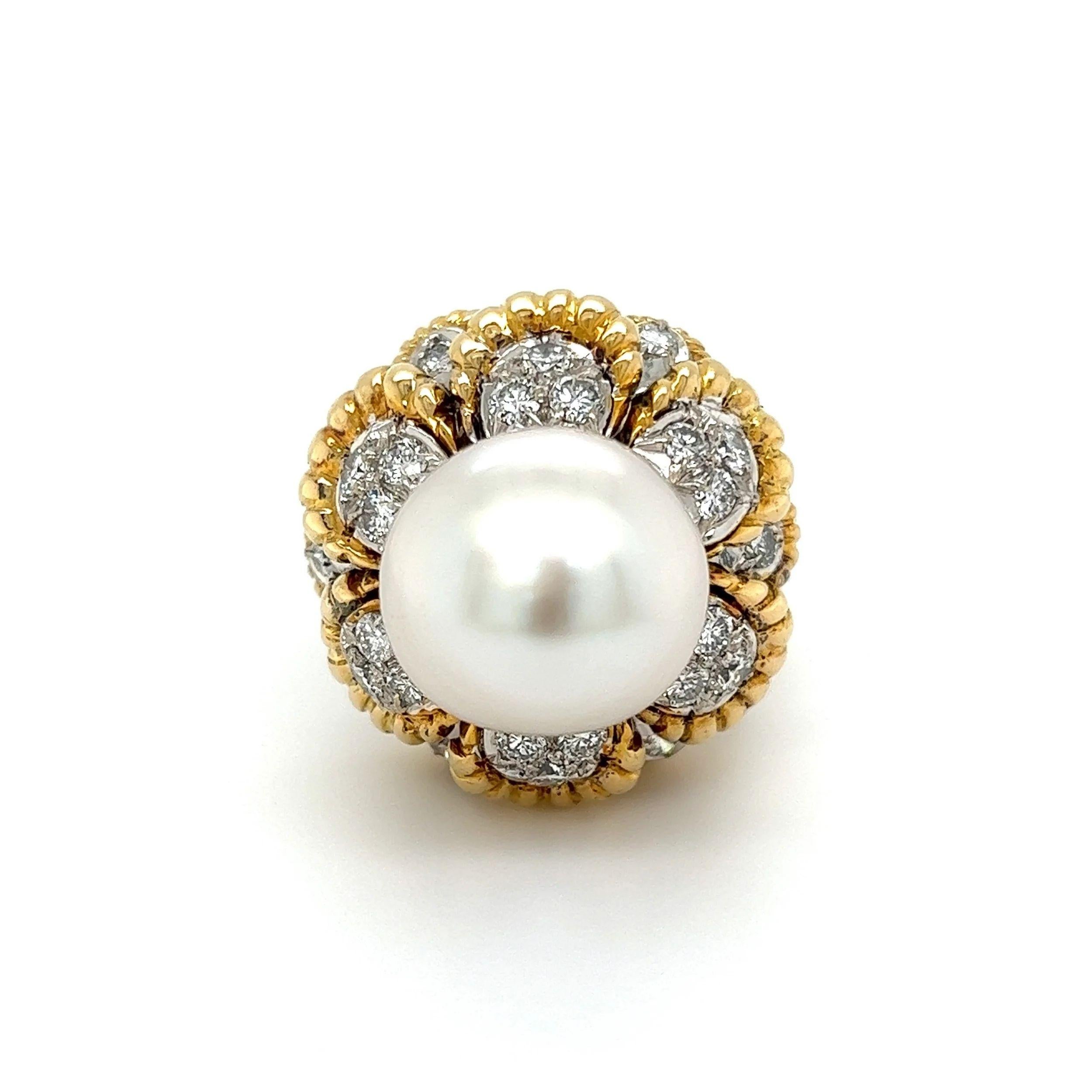 Mixed Cut Vintage Pearl and Diamond Cocktail Ring Estate Fine Jewelry For Sale