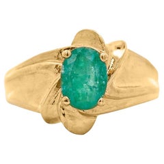 Vintage 1.44 Carat Oval Cut Emerald in 14K Gold Textured Statement Ring