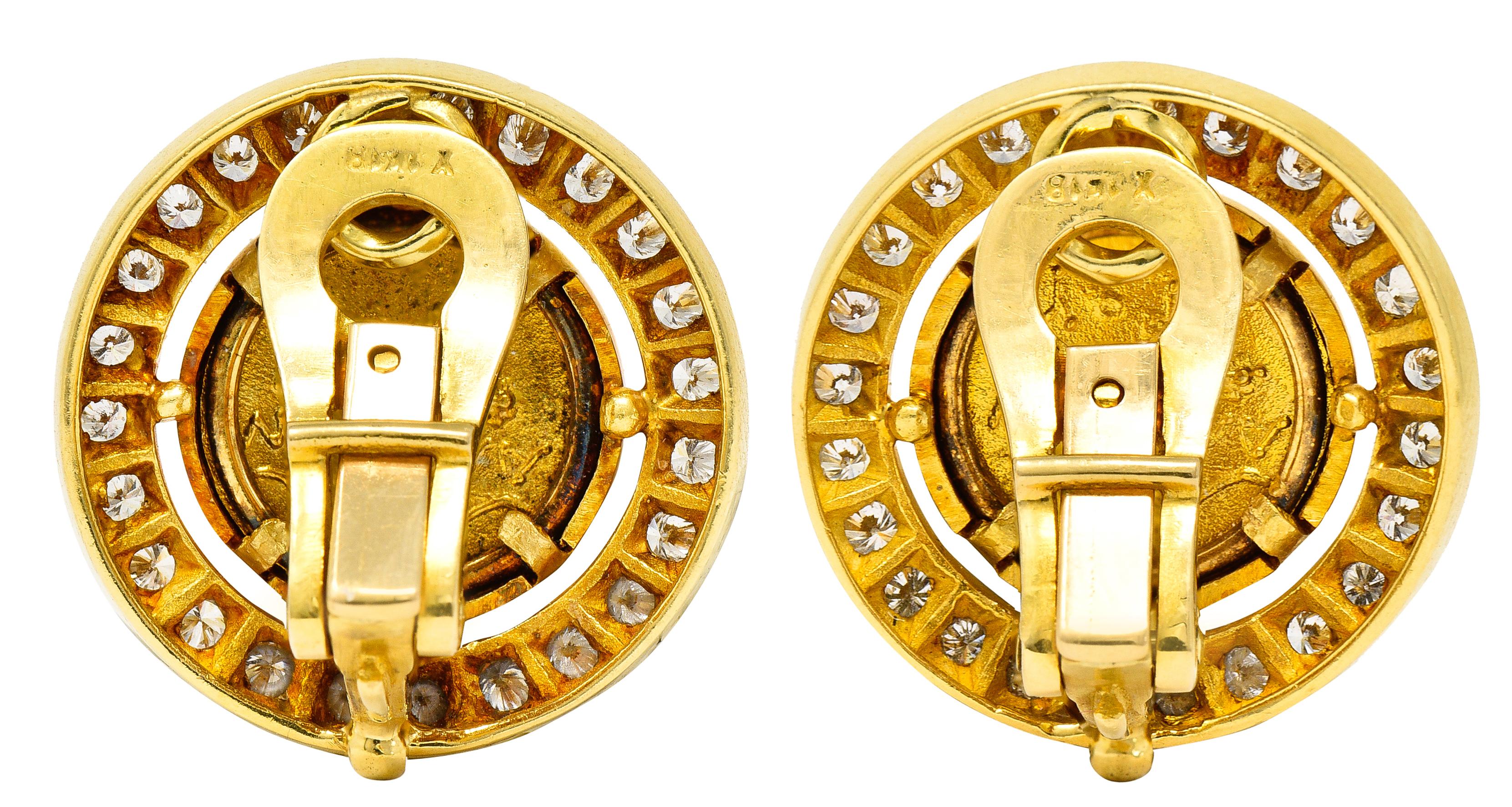 Contemporary Vintage 1.44 Carats Diamond 18 Karat Yellow Gold Ancient Coin Earrings
