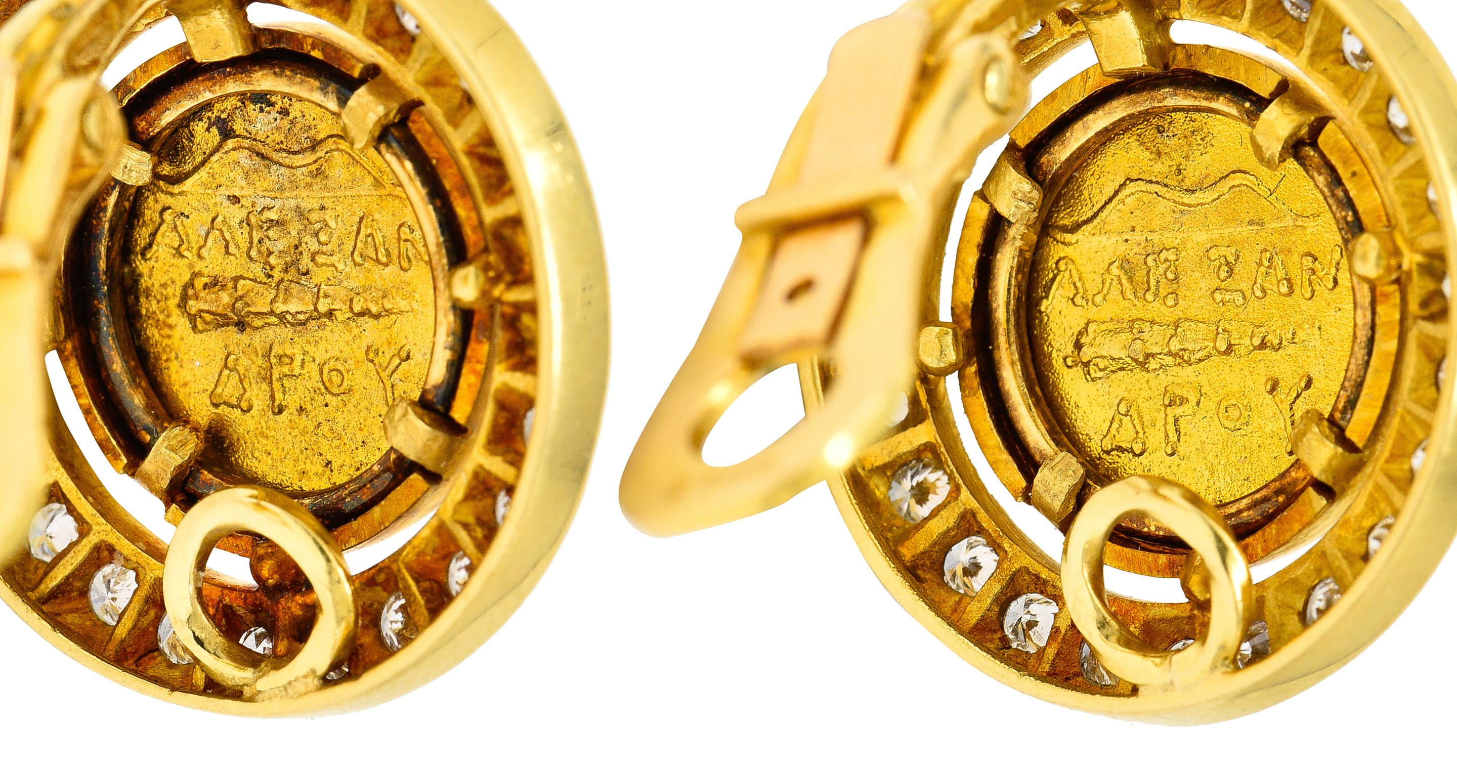 Vintage 1.44 Carats Diamond 18 Karat Yellow Gold Ancient Coin Earrings In Excellent Condition In Philadelphia, PA
