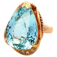 Vintage 14.47 Carat Pear Aquamarine and Diamond Gold Bias Ring