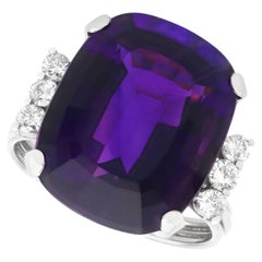 Vintage 14.48 Carat Amethyst 0.16 Carat Diamond, 18k White Gold Ring Circa 1980