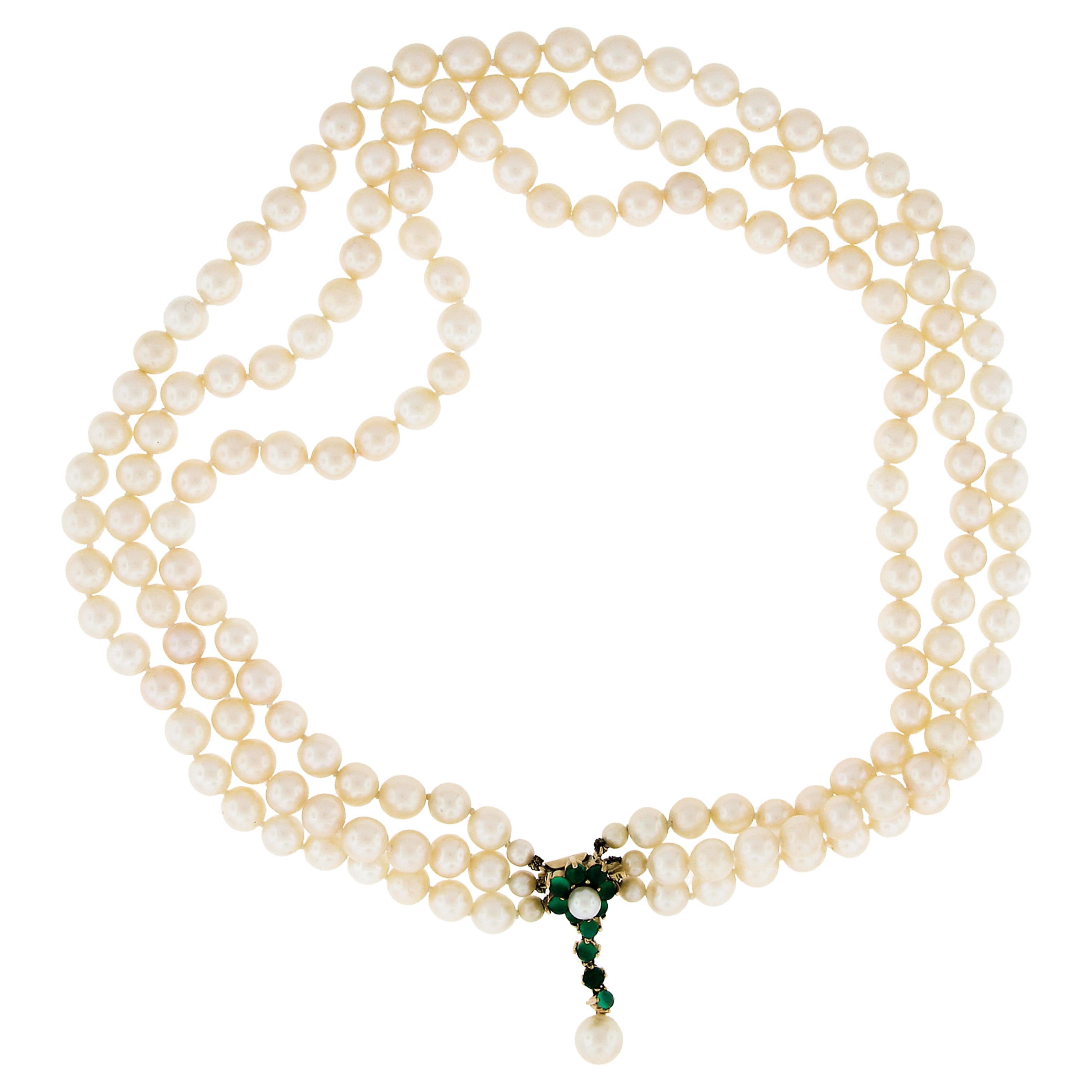 Vintage By 14.5" 3 fili di perle con fiore di crisoprasio in oro 18k Chiusura a goccia